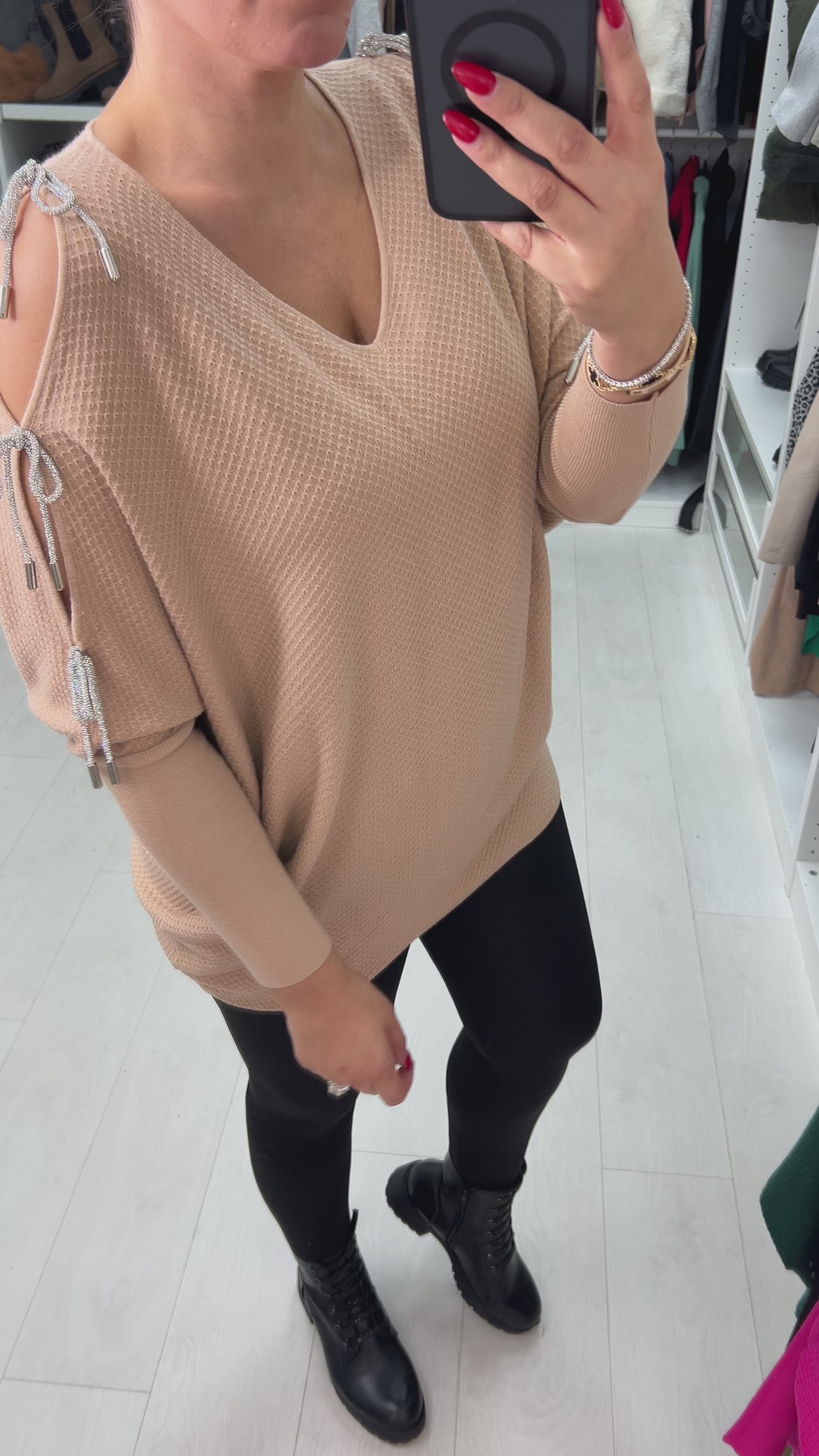 Adria Cold Shoulder Metallic Diamante Bow Jumper