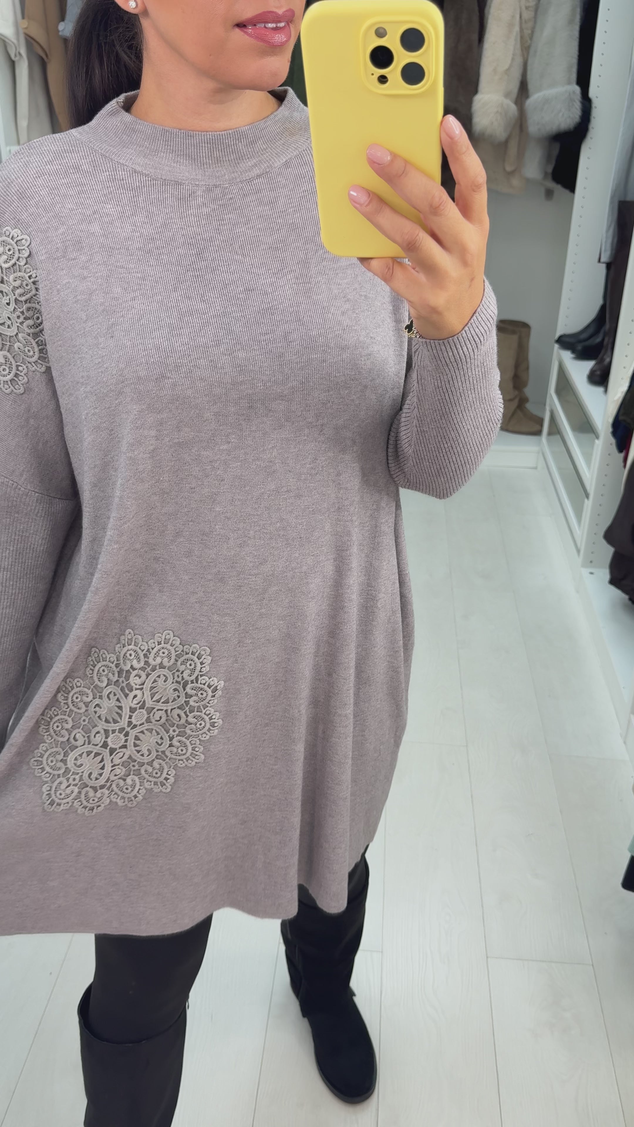 Load video: Celestine Crochet Detail Longline Jumper