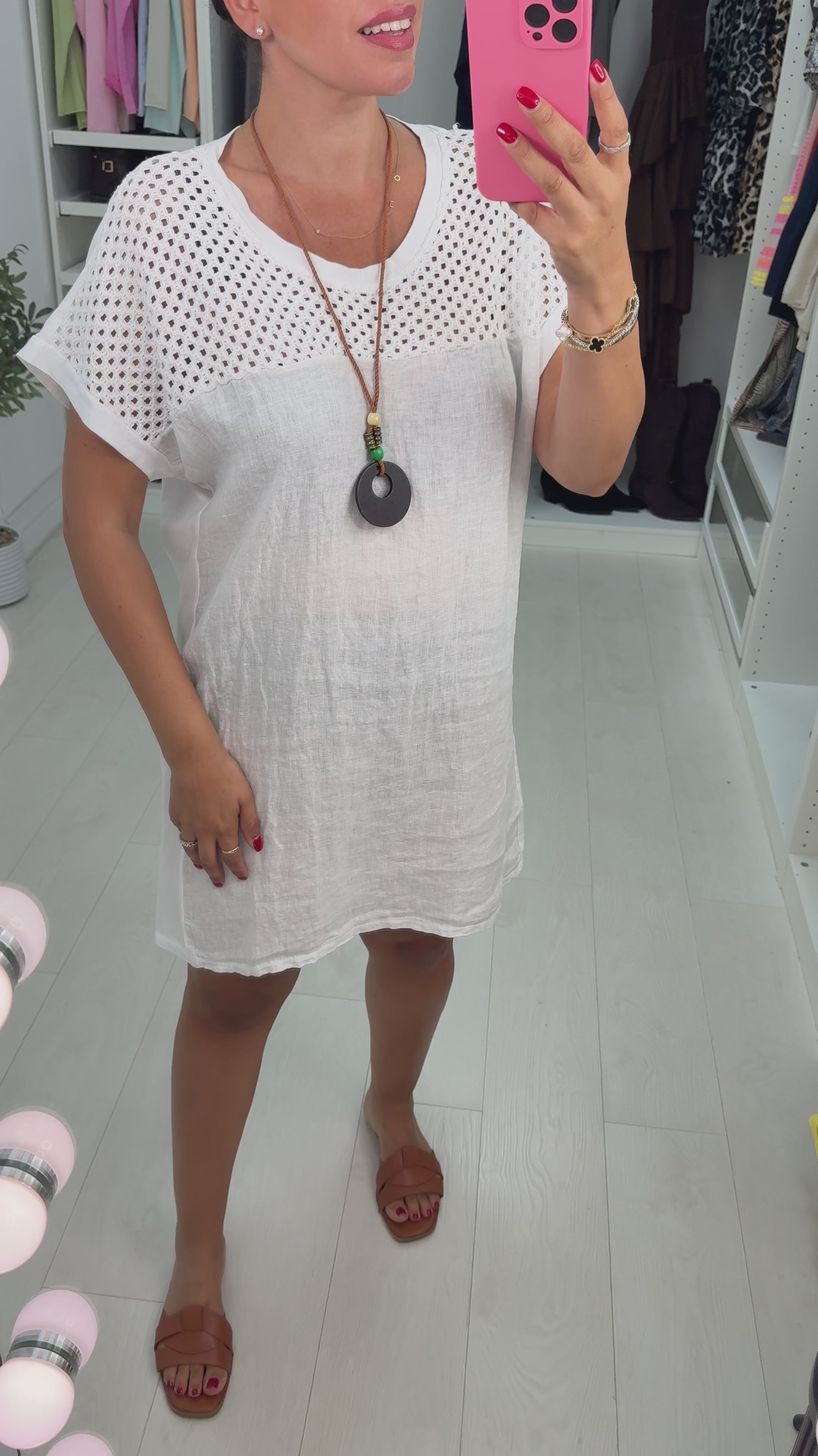 Load video: Serafina Plain Crochet Detail Necklace Loose Fit Dress