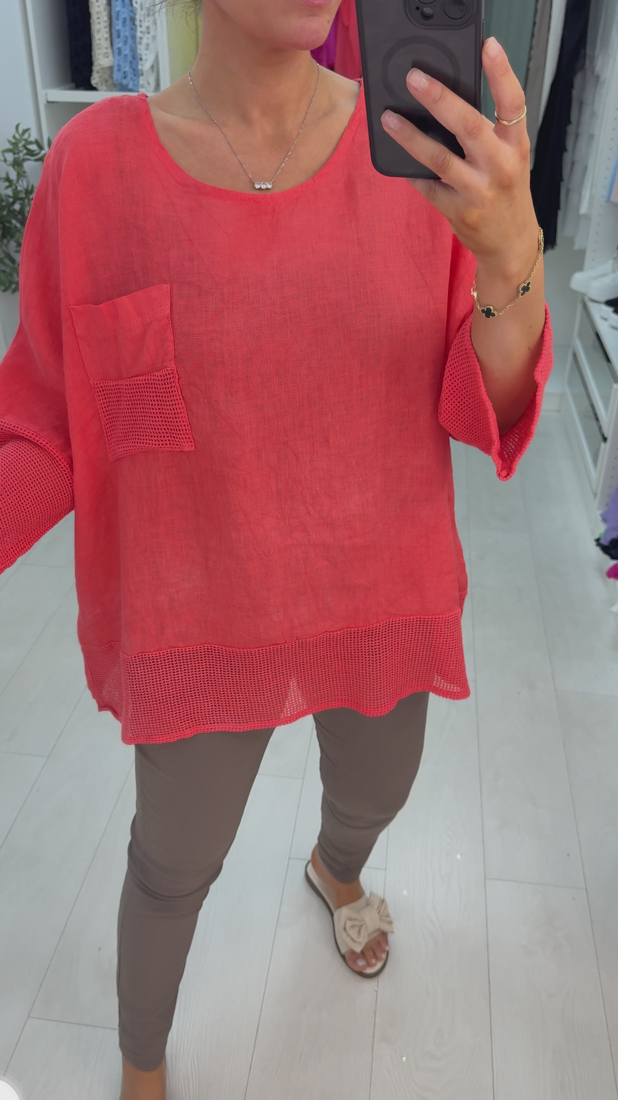 Load video: Inaya Plain Loose Fit Waffle Detailed Linen Top