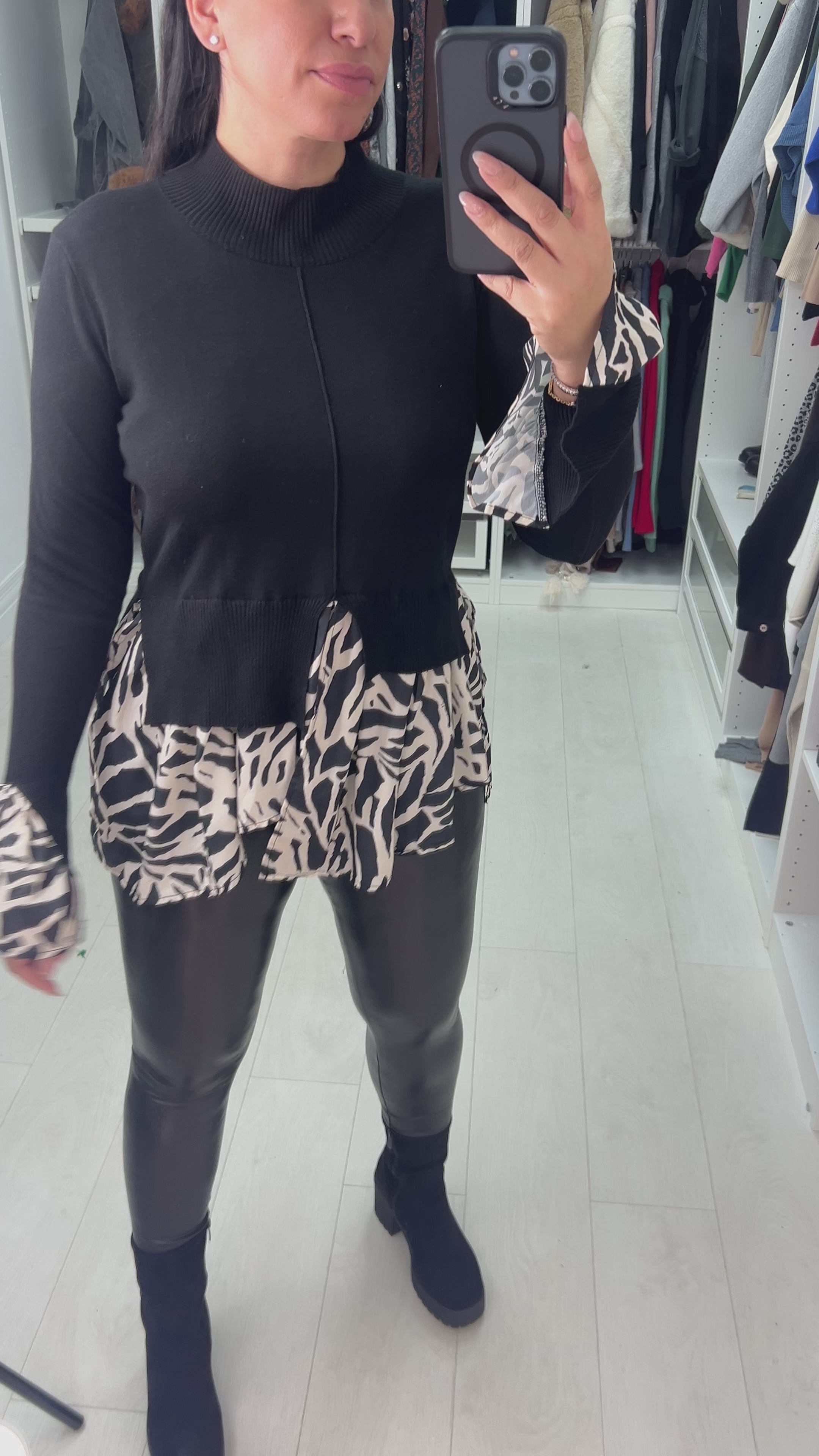 Load video: Zabrina Beige Zebra Print Blouse Hem Knit