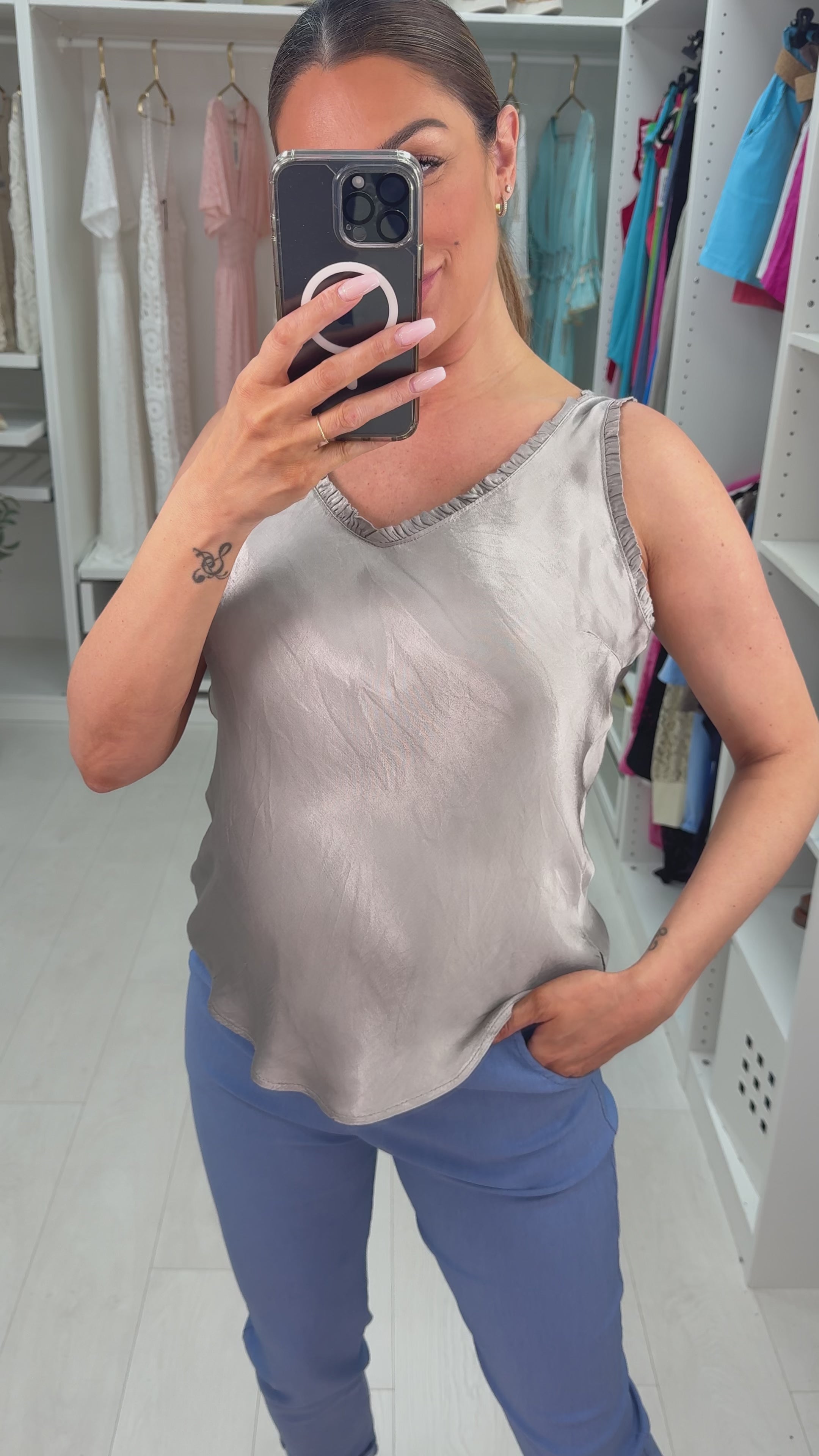 Juana Frill V Neck Satin Top