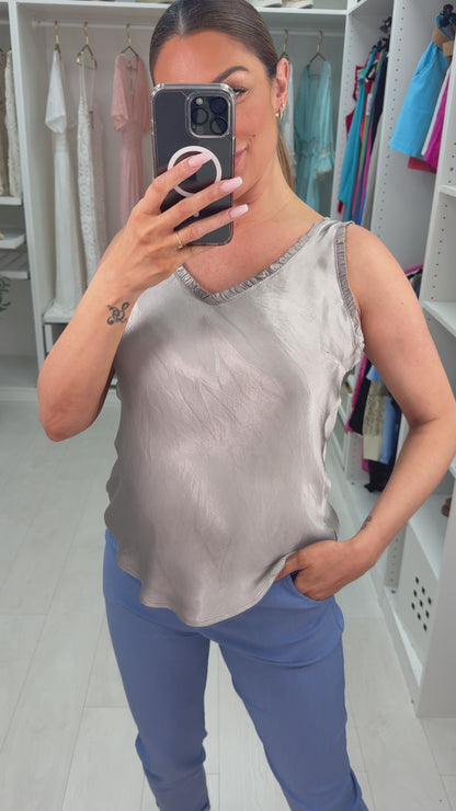 Juana Frill V Neck Satin Top