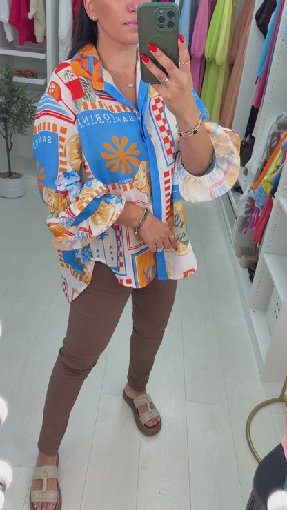 Mayra Tropical Print Ruffle Cuff Shirt