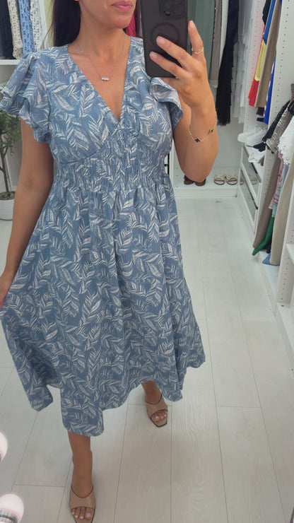 Blaire Leaf Print V Neck Floaty Maxi Dress