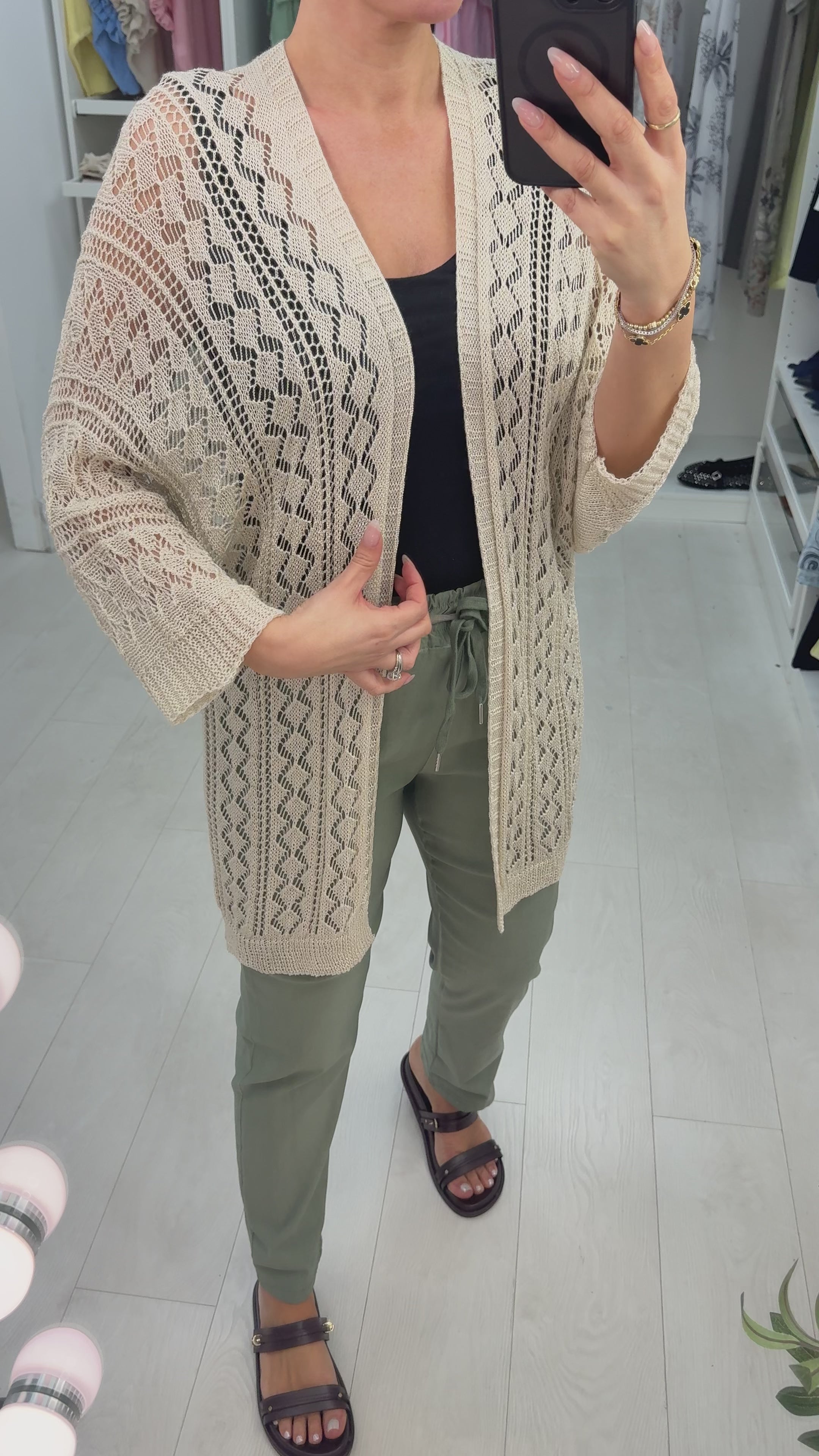 Load video: Lucile Plain Crochet Open Front Longline Cardigan