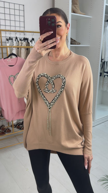 Jona Diamante & Pearl Heart Detailed Knitted Jumper