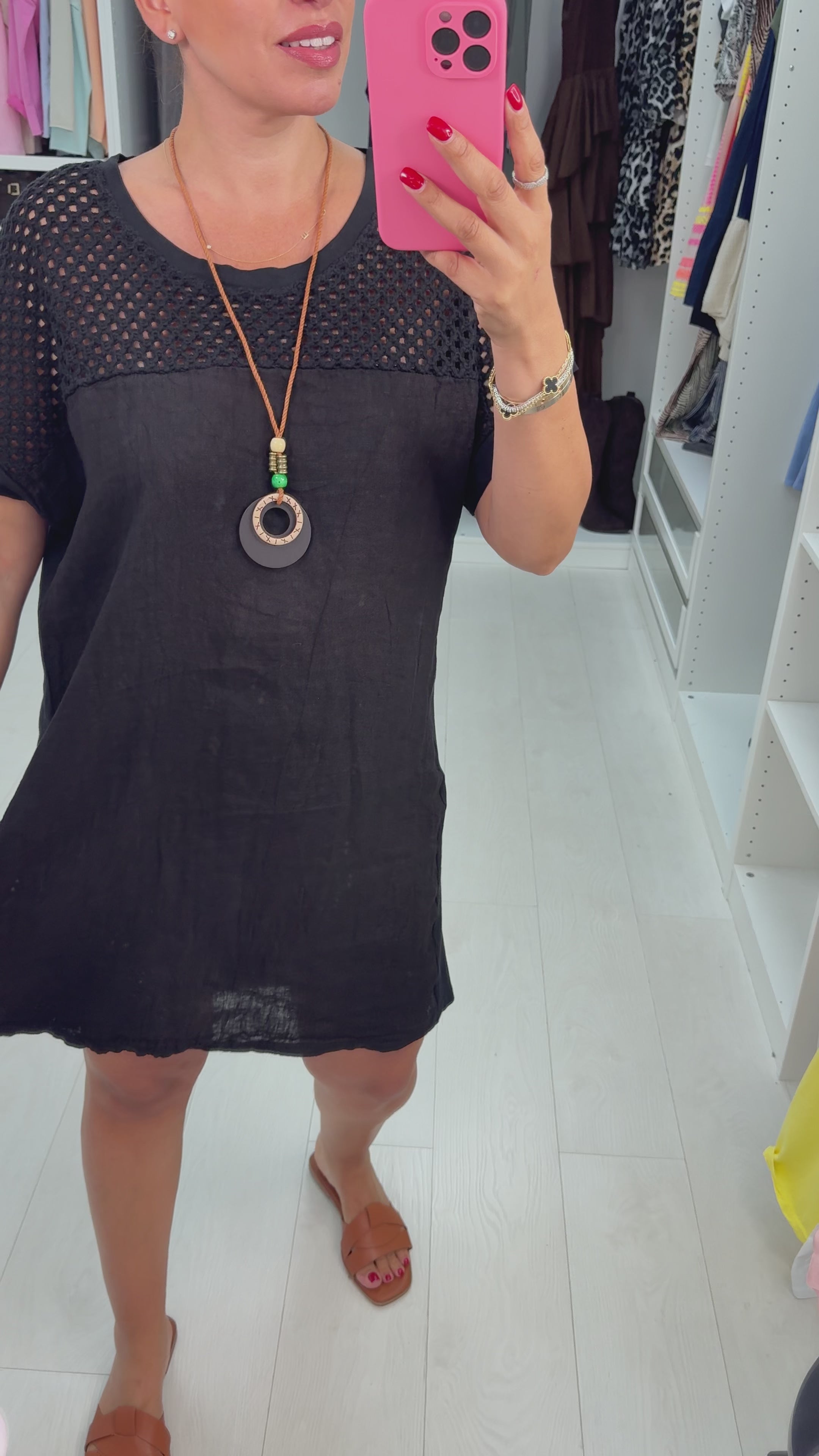 Load video: Serafina Plain Crochet Detail Necklace Loose Fit Dress