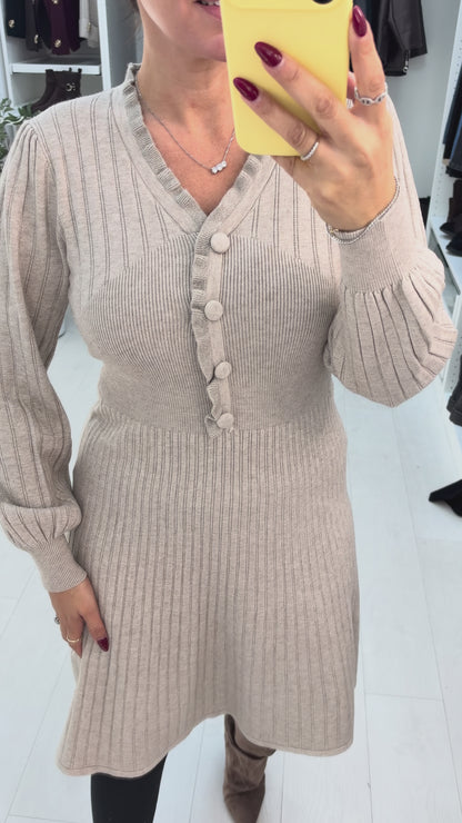 Ilona Plain V Neck Button Detail Ribbed Dress