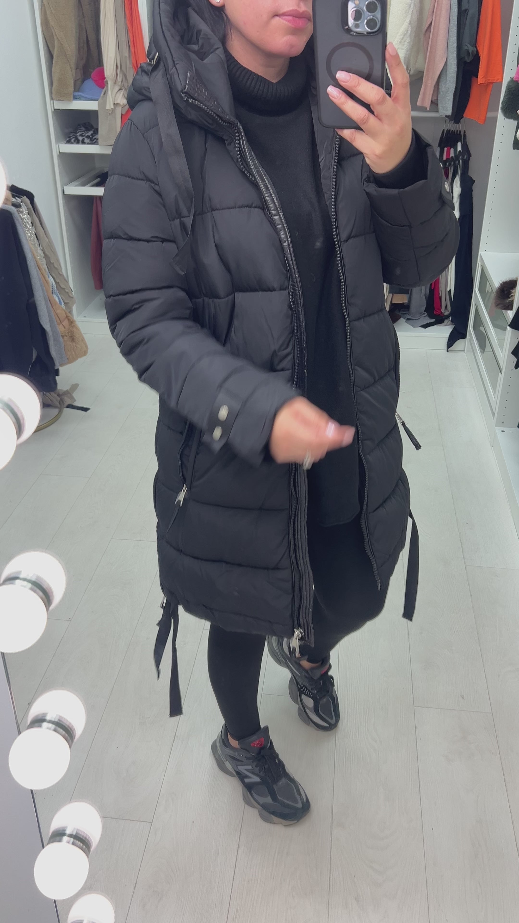 Load video: Autumn Black Zip Detail Hooded Puffer Coat
