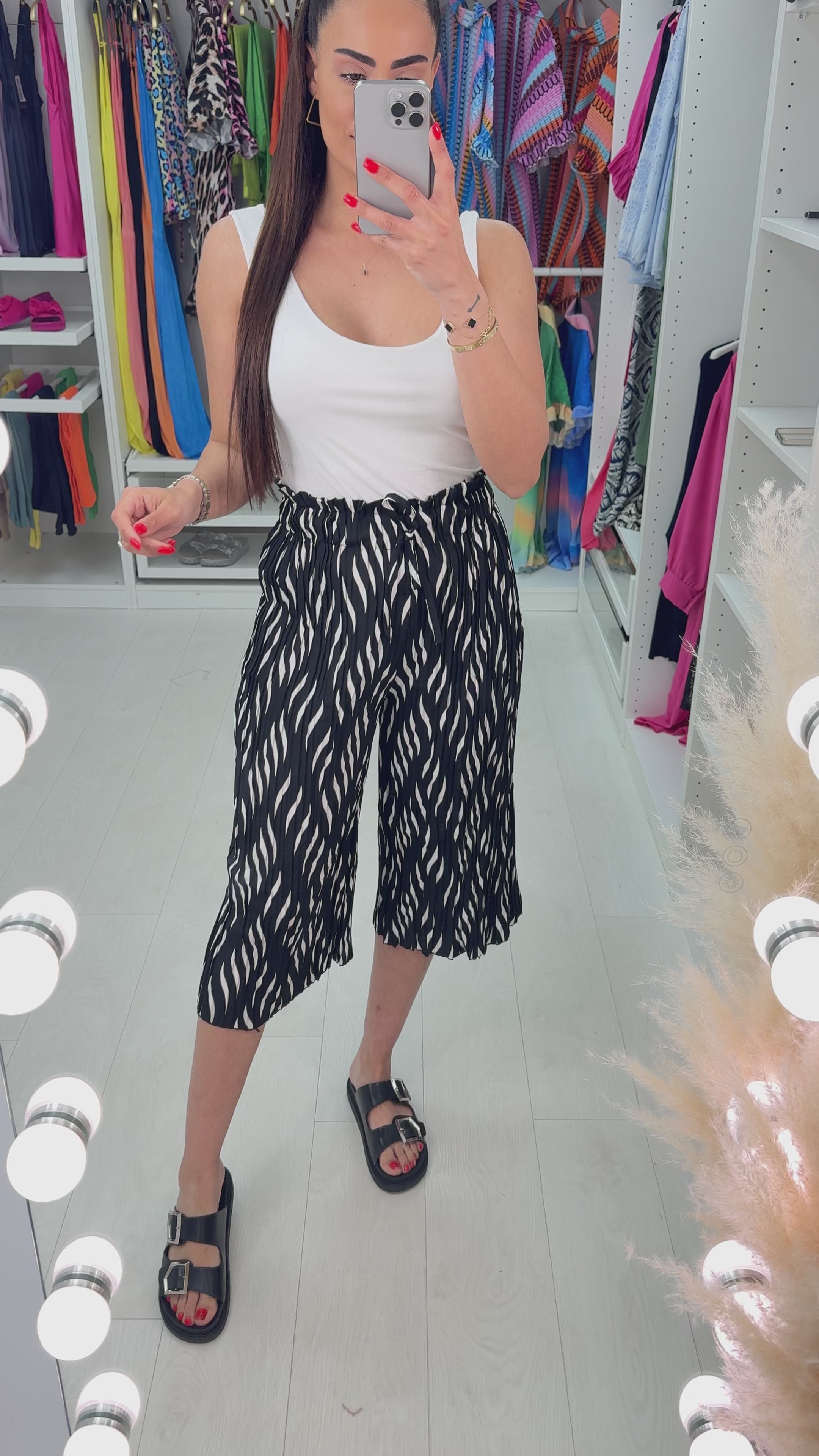 Load video: Rose Pleated Abstract Wide Leg Culottes