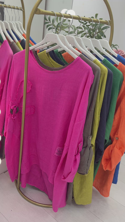 Elina Plain Flower Detail Oversized Linen Top