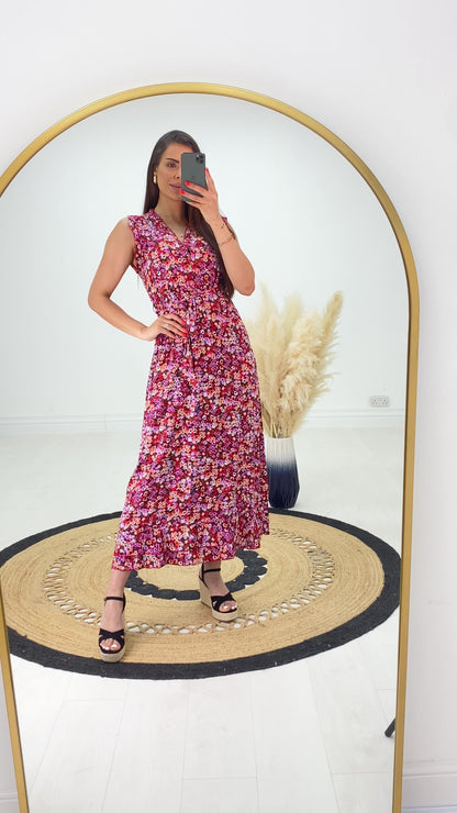 Rawiya Floral Print Frill Sleeve Button Tie Waist Summer Dress