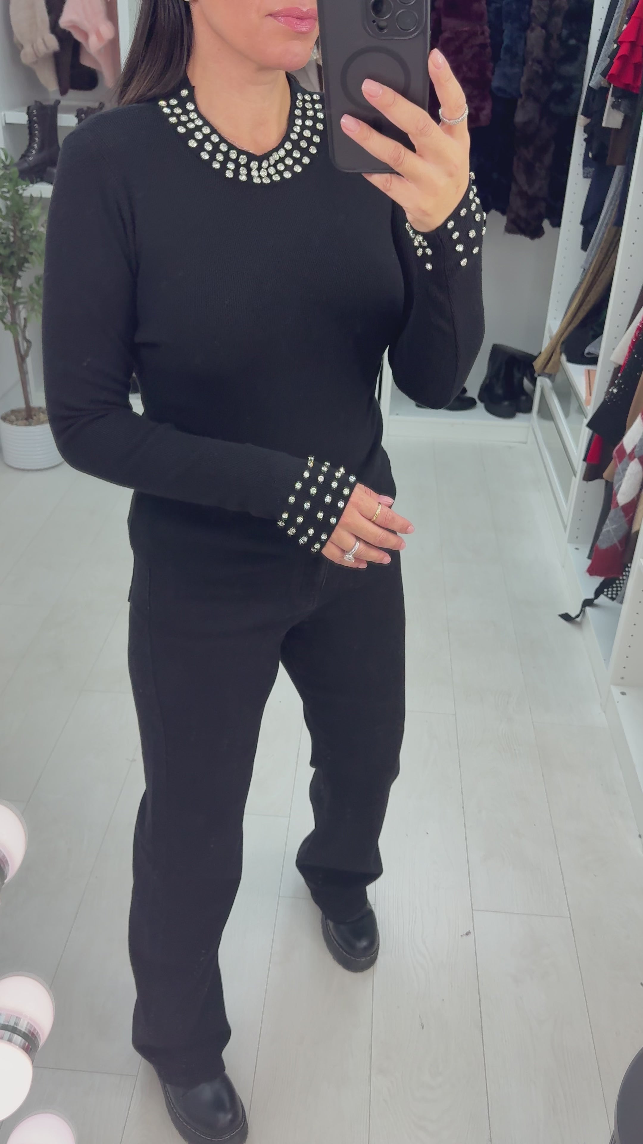 Load video: Patrese Diamante Detail Round Neck Ribbed Jumper