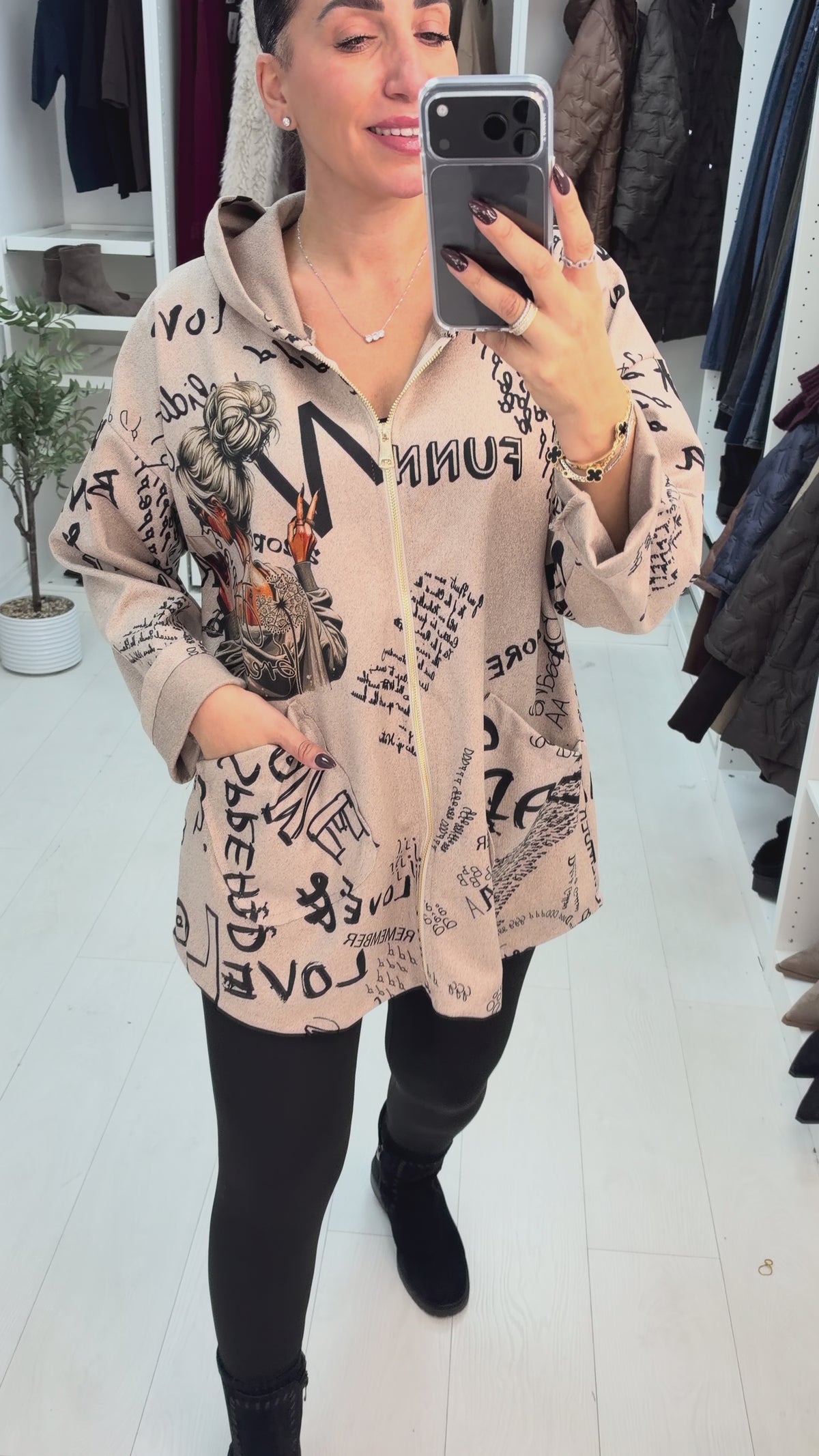 Belissa 'Just Breathe' Slogan Zip Front Hoodie