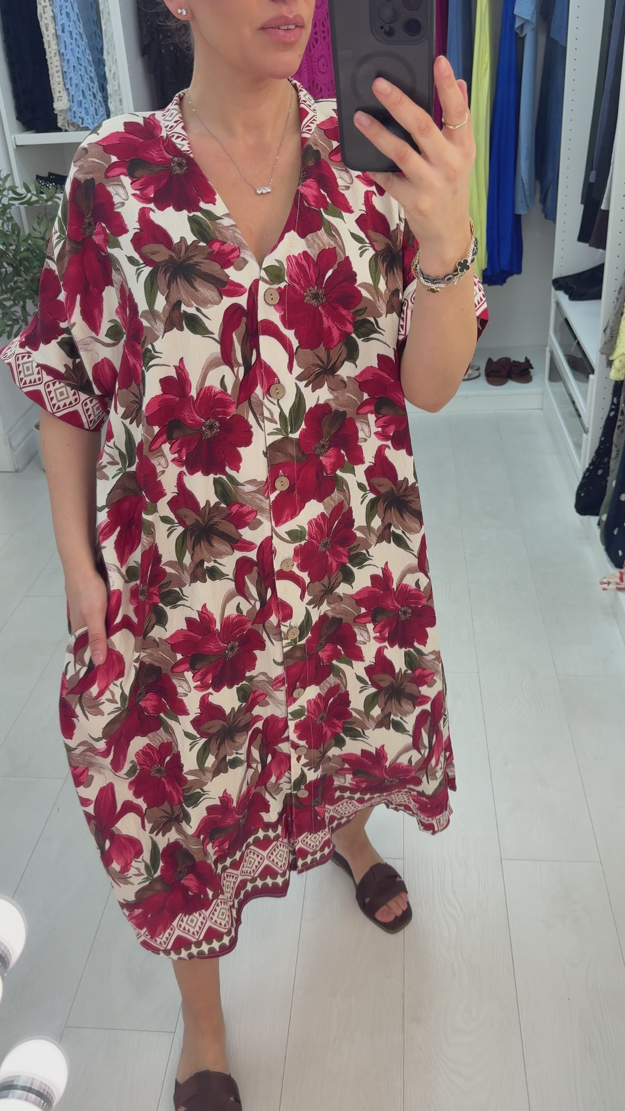 Load video: Marline Floral Print Button Front Loose Fit Dress