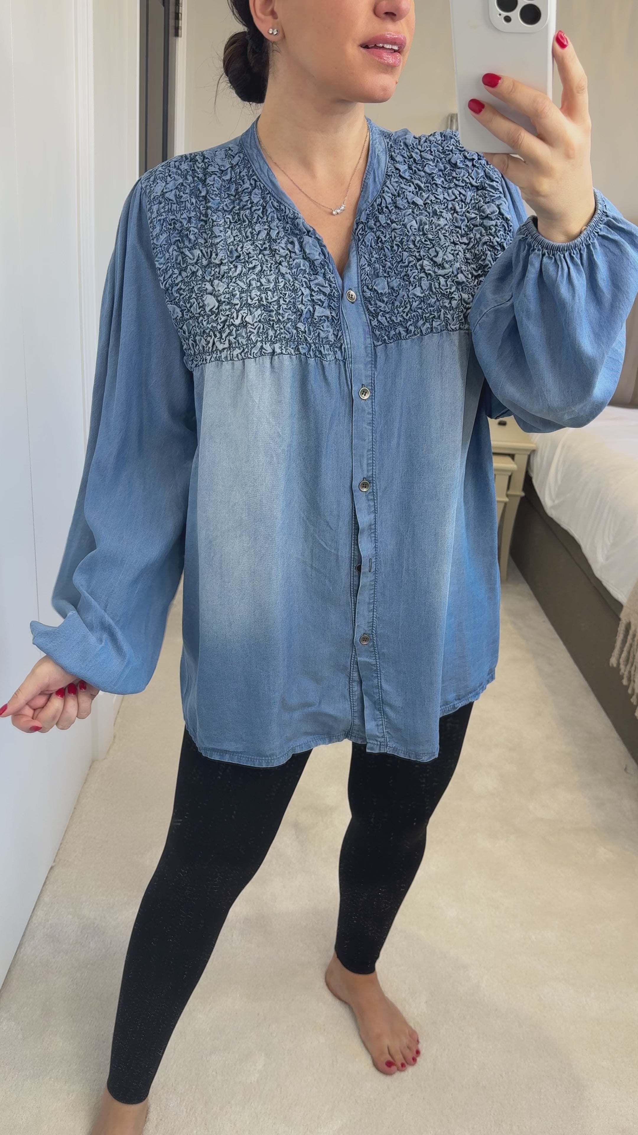 Load video: Ilya Denim Ruched Front Shirt
