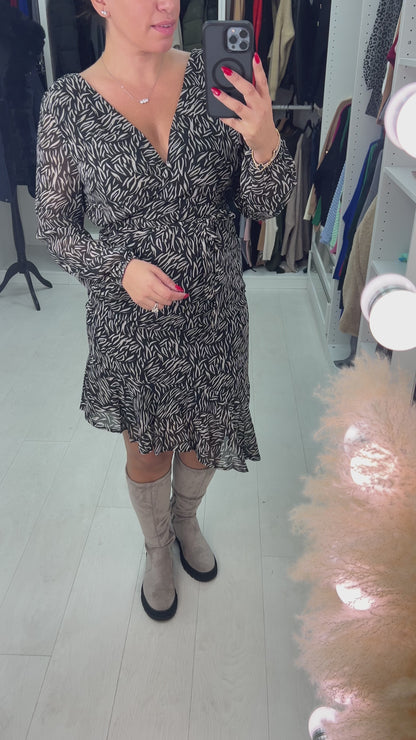 Carie Printed Wrap Tie Waist Asymmtric Frill Dress