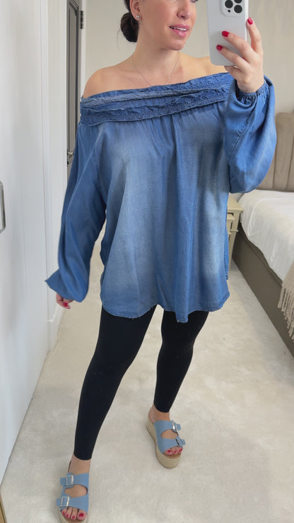 Harley Denim Ruched Bardot Top