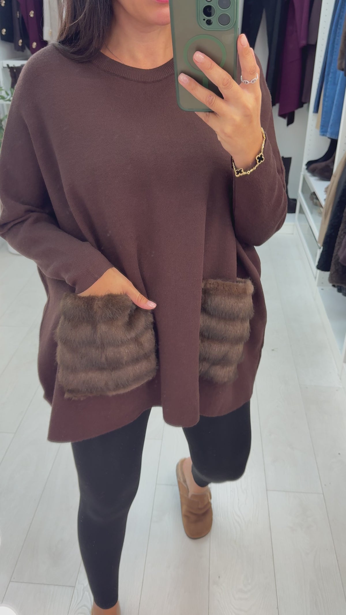 Load video: Posy Faux Fur Pocket Detail Loose Fit Jumper