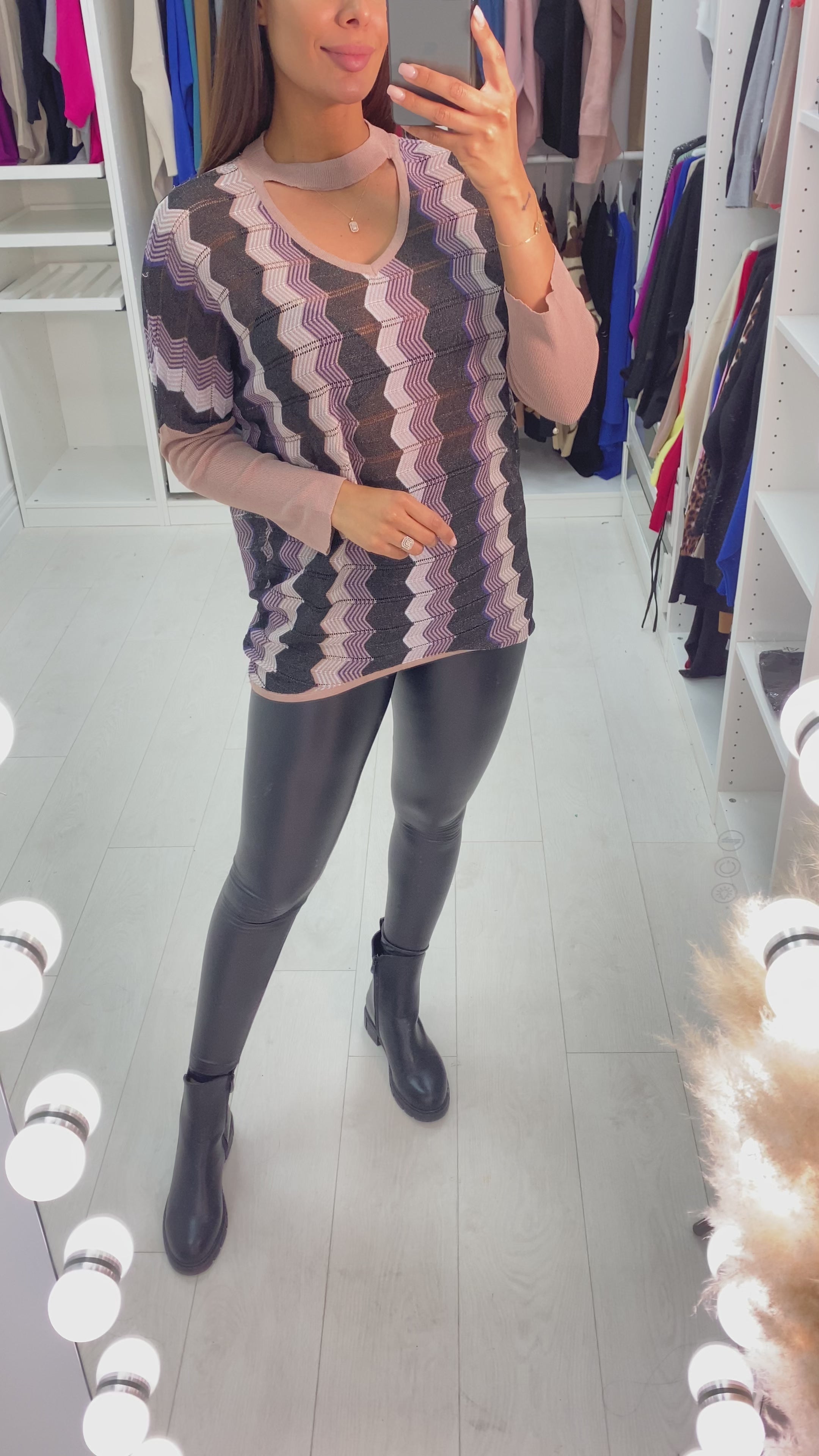 Load video: Eline Diagonal Zig Zag Sheer Choker Neck Top