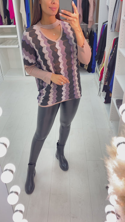 Eline Diagonal Zig Zag Sheer Choker Neck Top