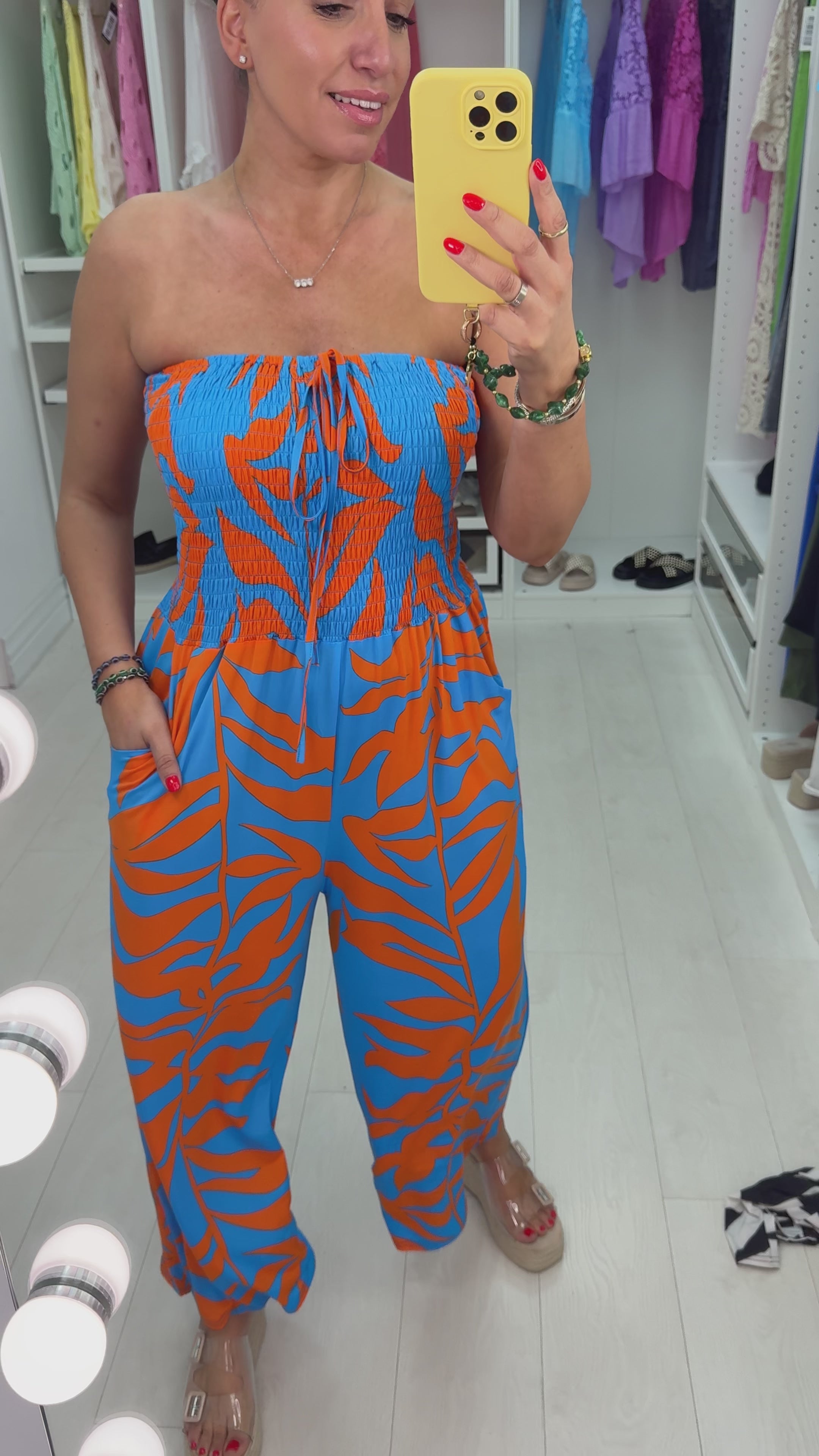 Load video: Swen Leaf Print Elasticated Bust Jumpsuit