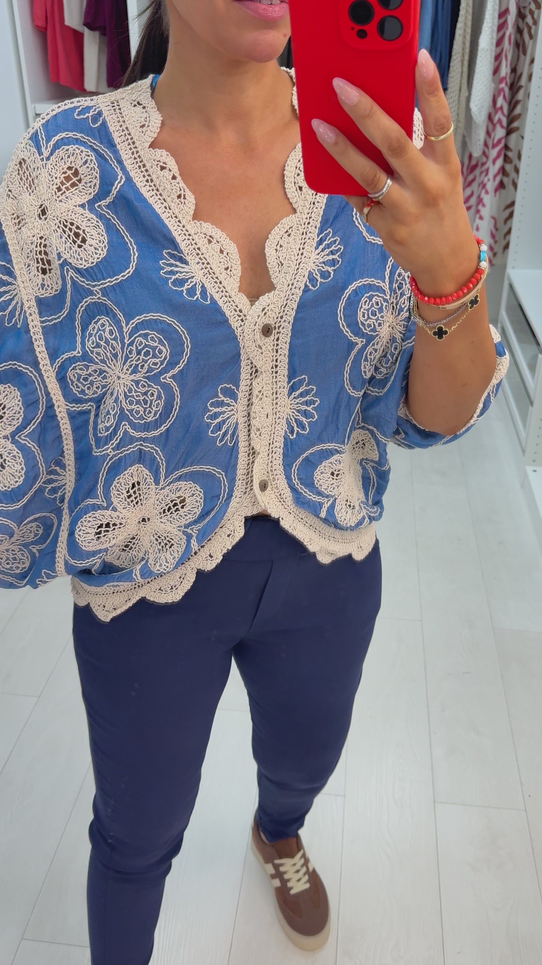 Load video: Philipa Crochet Detailed Batwing Denim Cardigan