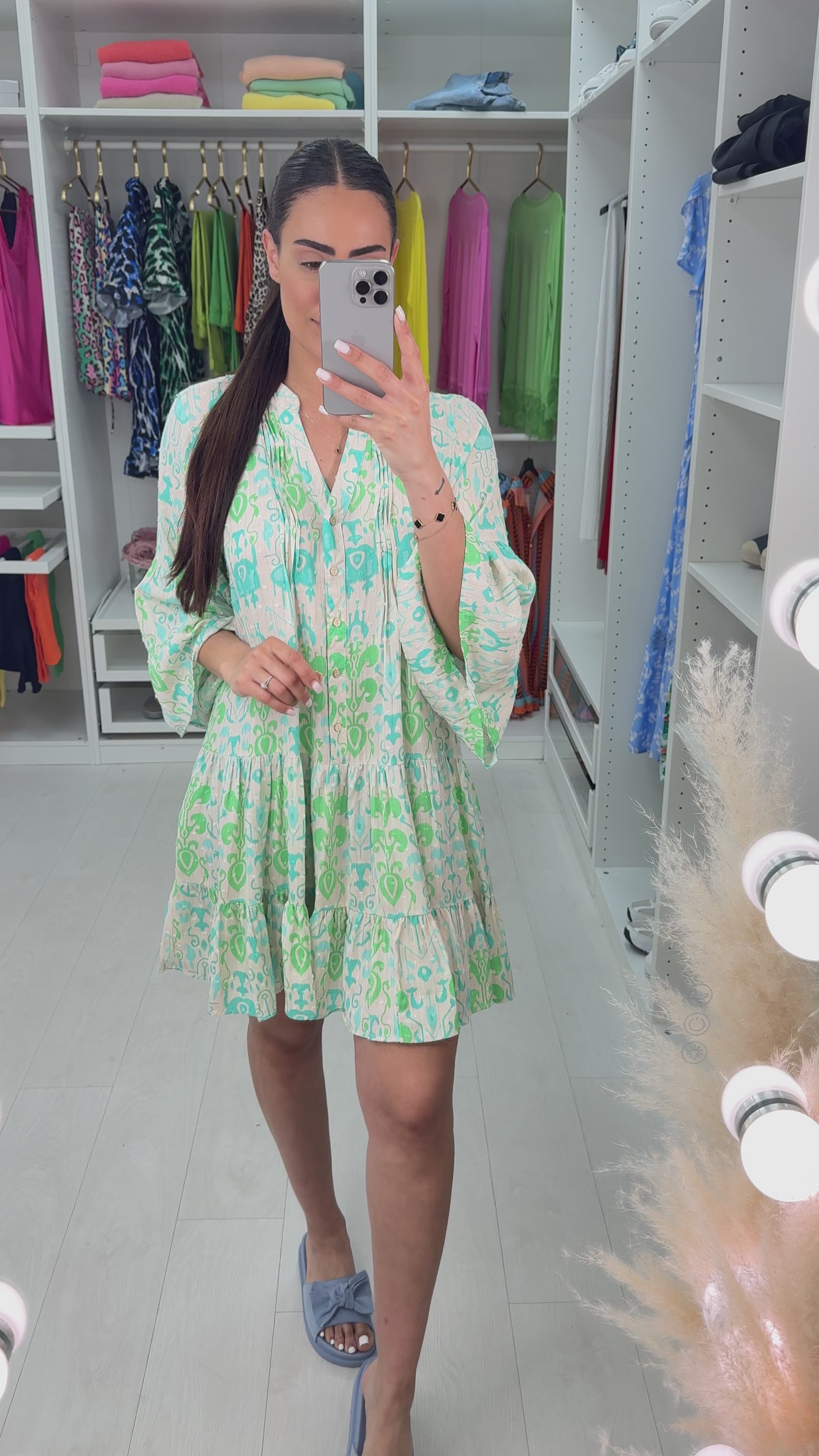 Load video: Fiora Pin Tuck Baroque Print Smock Dress