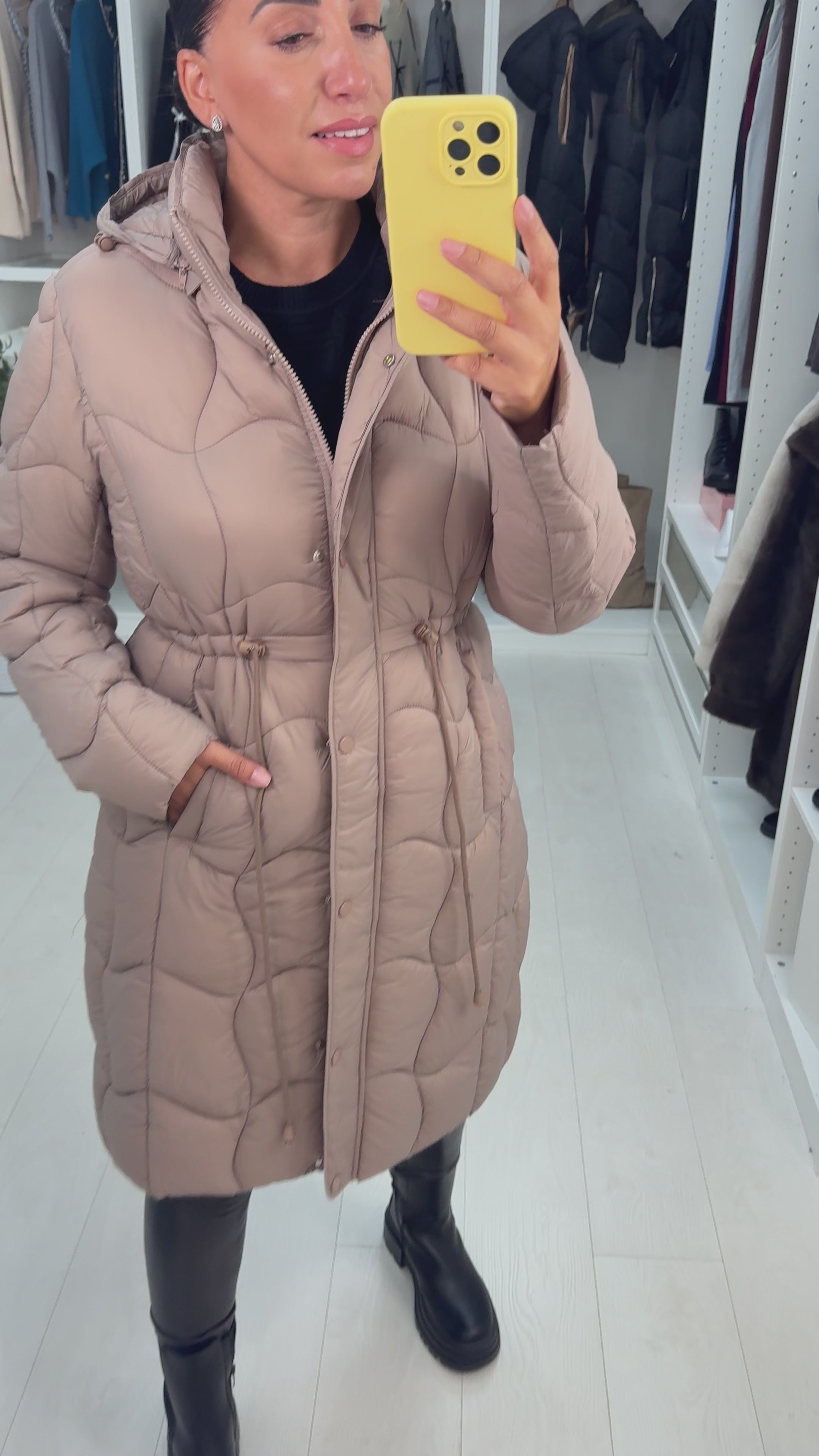 Load video: Alexis Quilted Toggle Waist Longline Coat