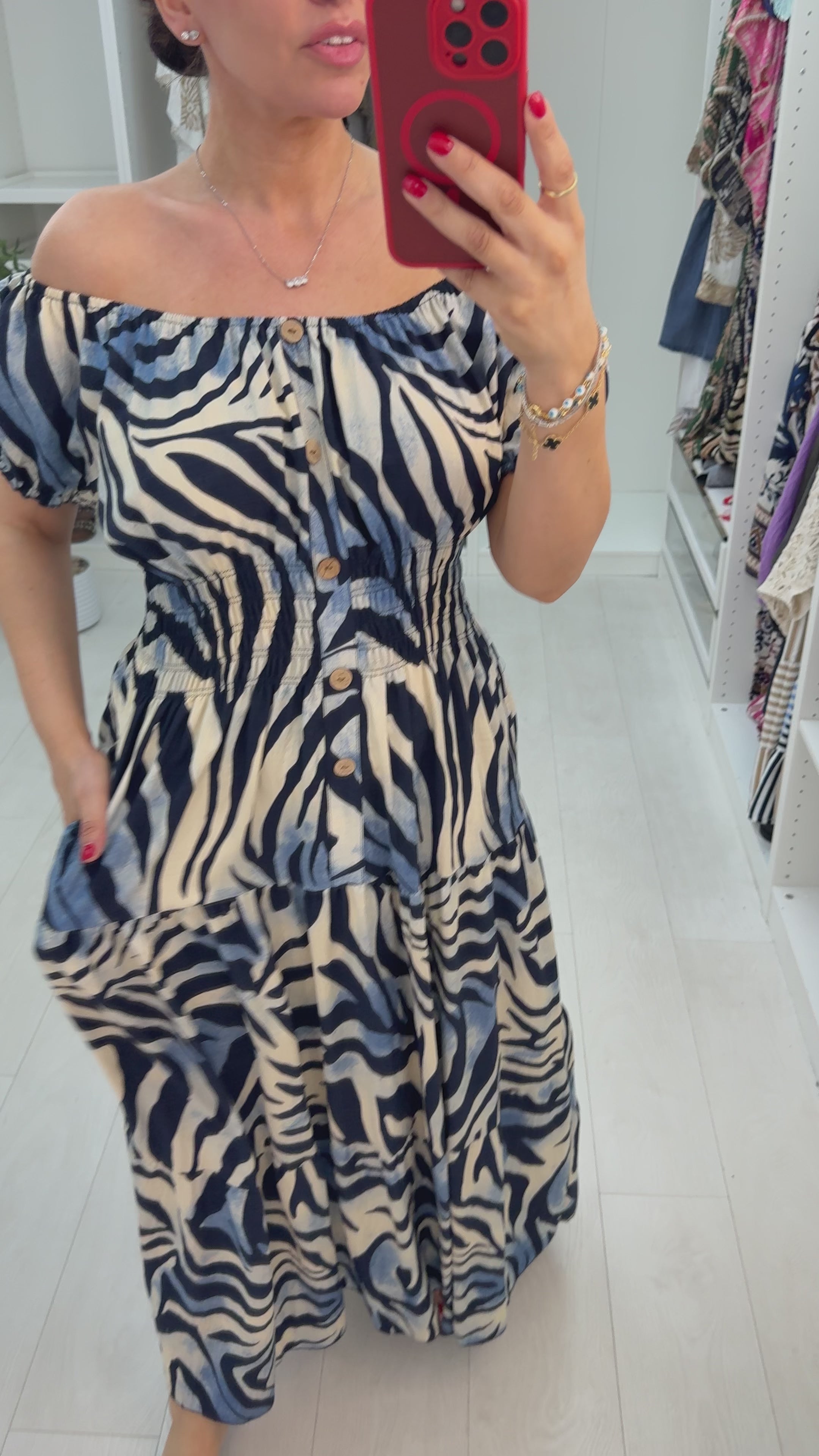 Load video: Xena Zebra Print Off-Shoulder Maxi Dress