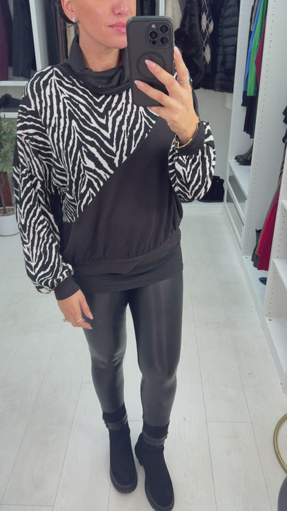Elice Zebra Print Cowl Neck Loose Fit Jumper