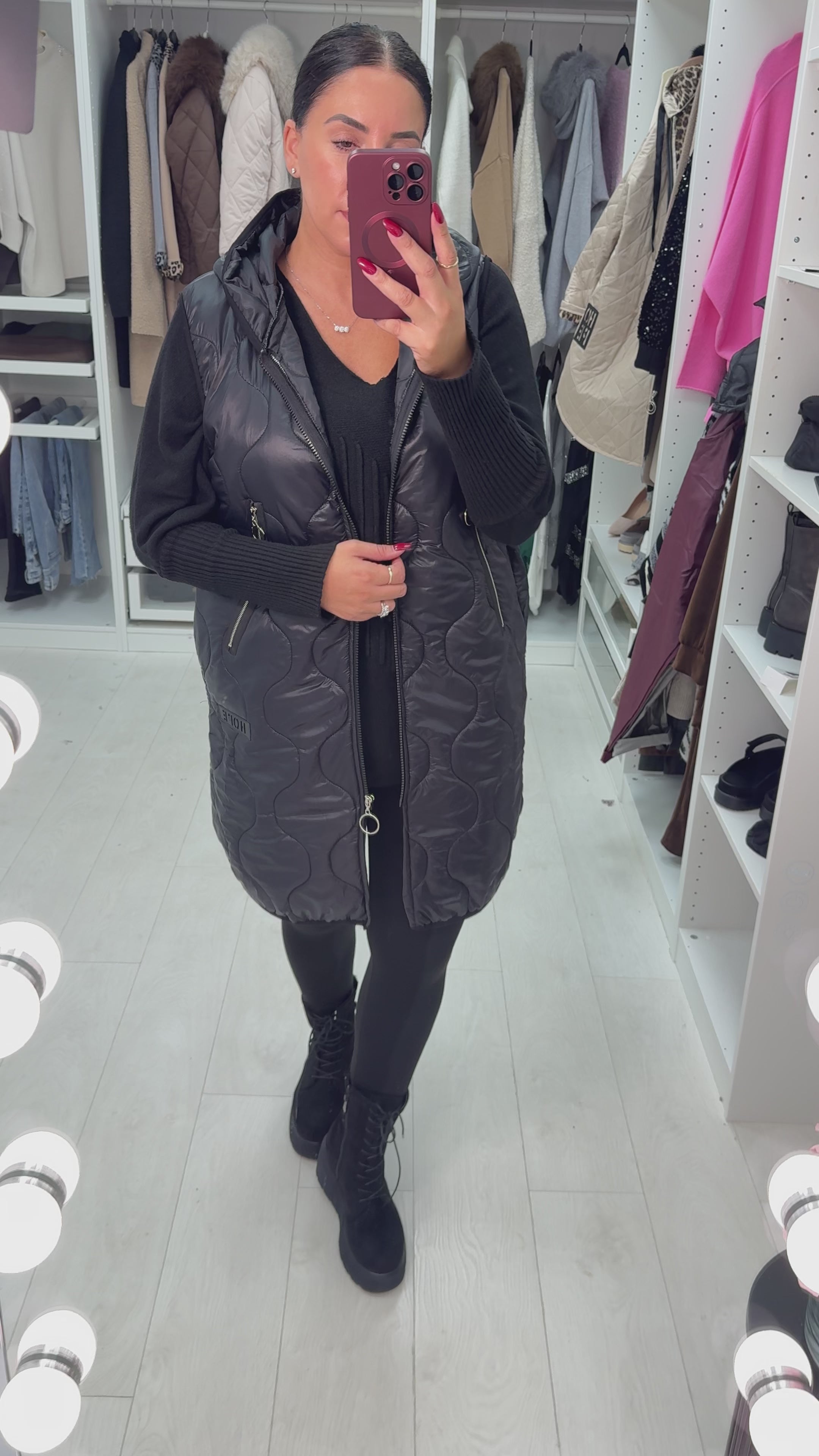 Load video: Jennah Black Hooded Lightweight Quilted Gilet