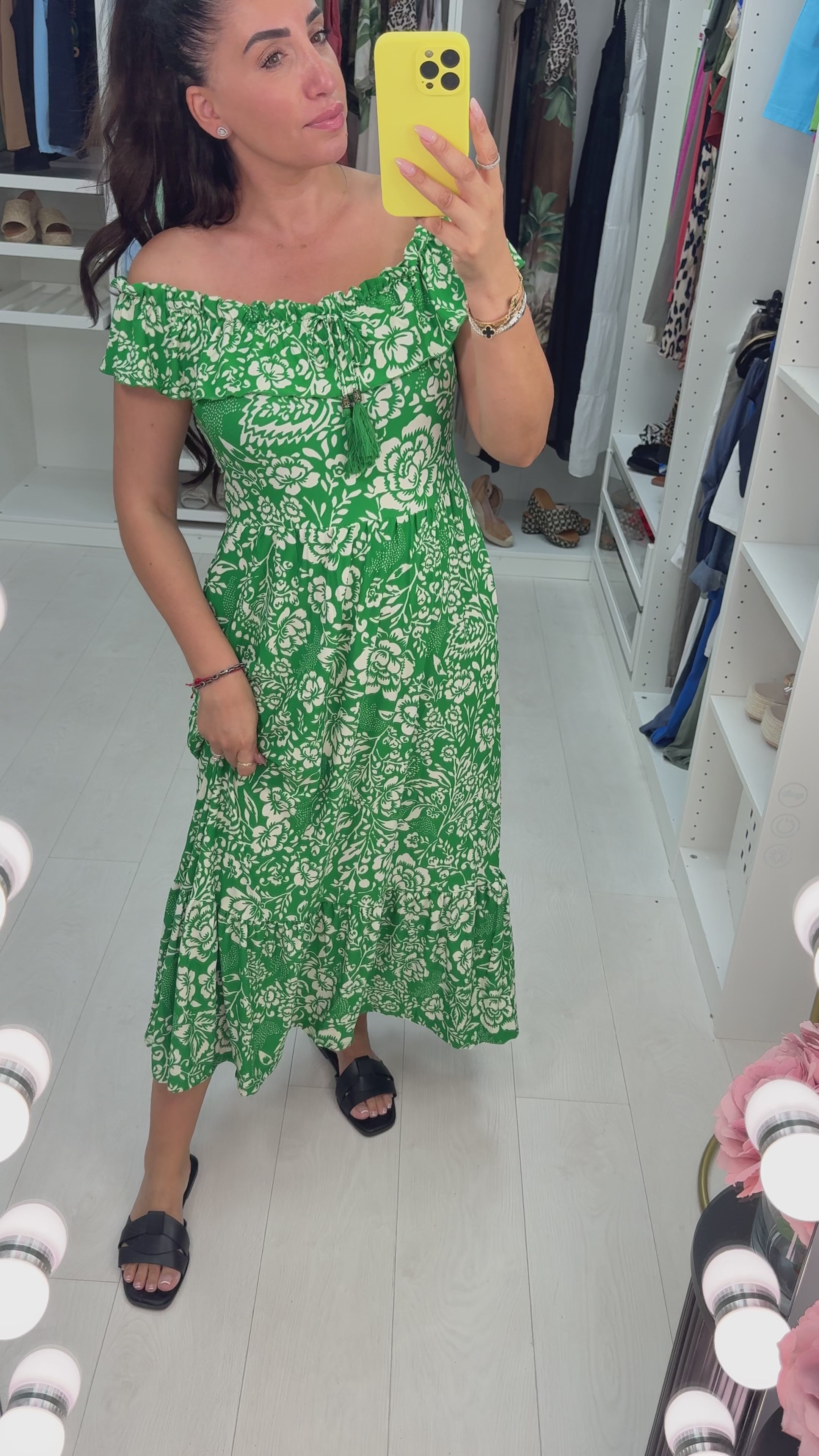 Load video: Patrice Floral Print Shirred Waist Bardot Maxi Dress