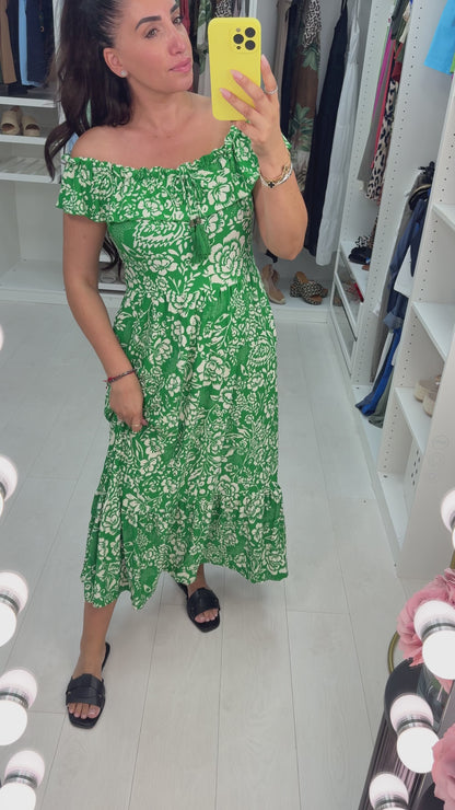 Patrice Floral Print Shirred Waist Bardot Maxi Dress