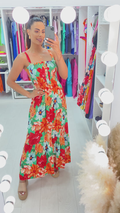 Dicle Elasticated Bust Button Detail Floral Print Dress