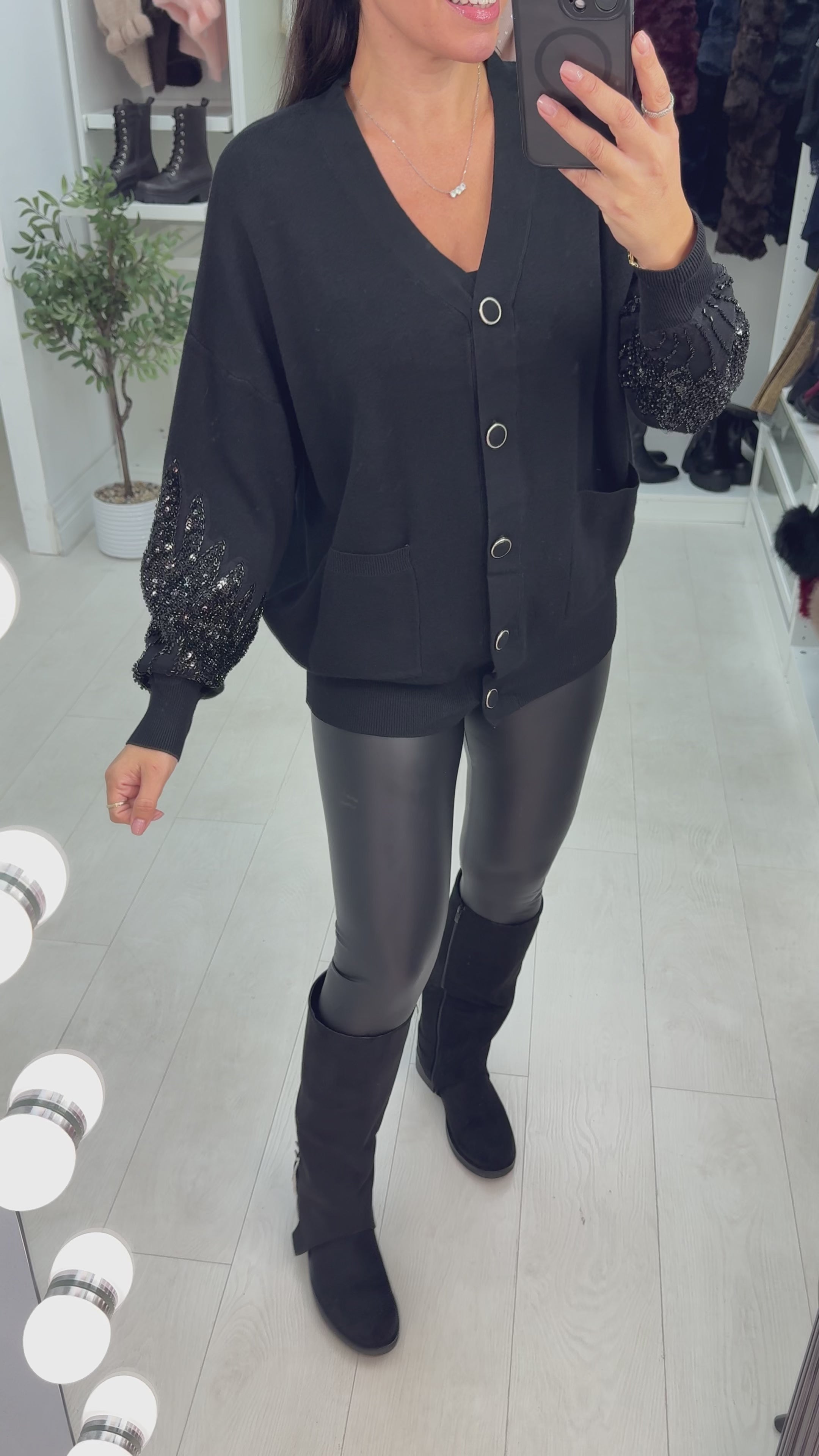 Load video: Reby Plain Embellished Sleeve Button Front Cardigan