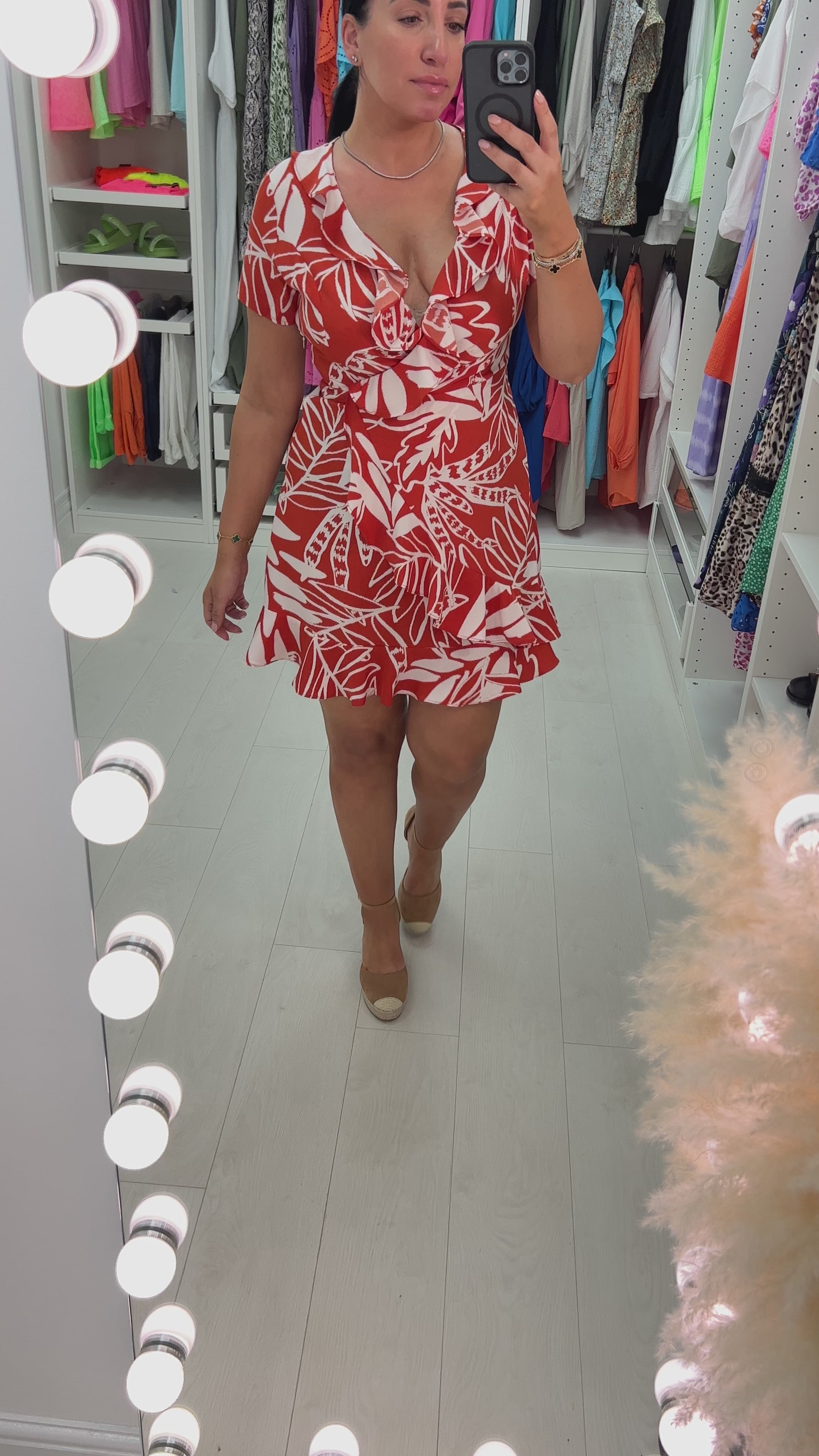 Load video: Greer Rust Abstract Leaf Print Ruffle Dress