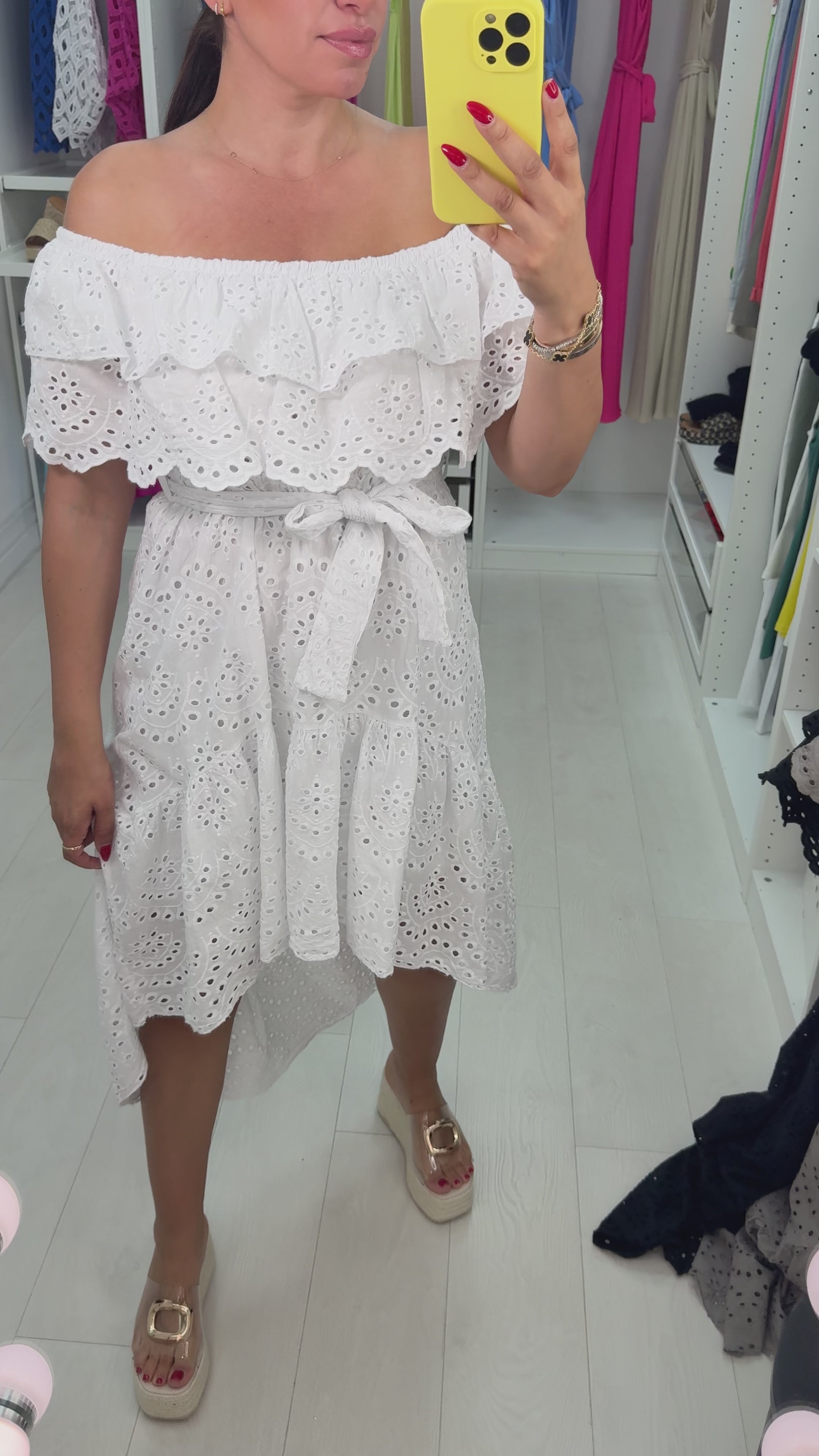 Load video: Charmaine Broidery Anglaise Dipped Hem Bardot Dress