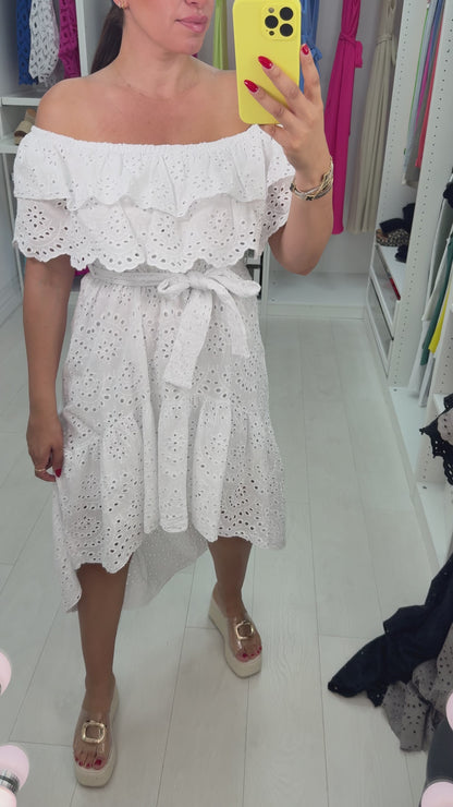 Charmaine Broidery Anglaise Dipped Hem Bardot Dress