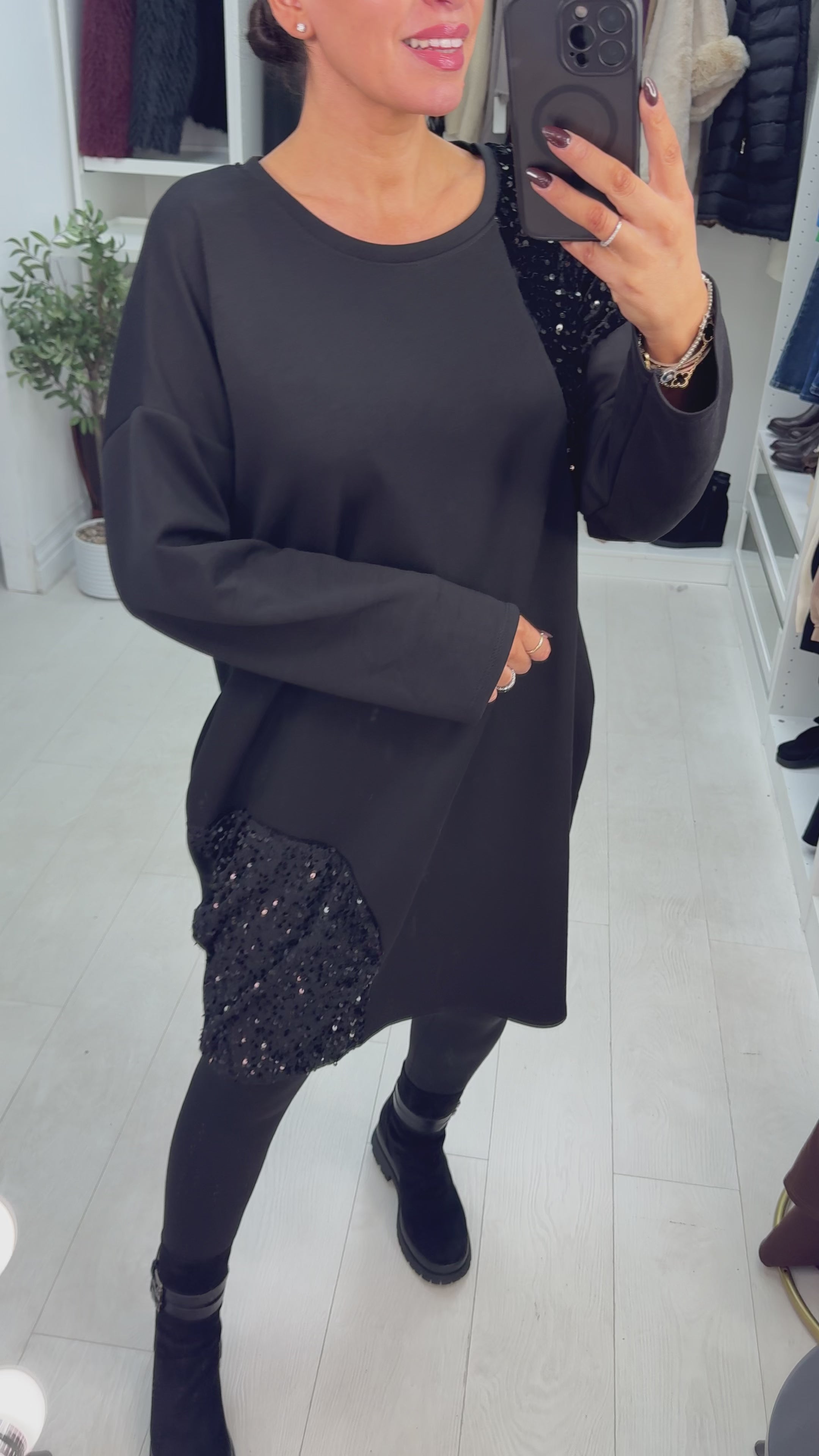 Sharlotte Plain Sequin Panel Loose Fit Dress