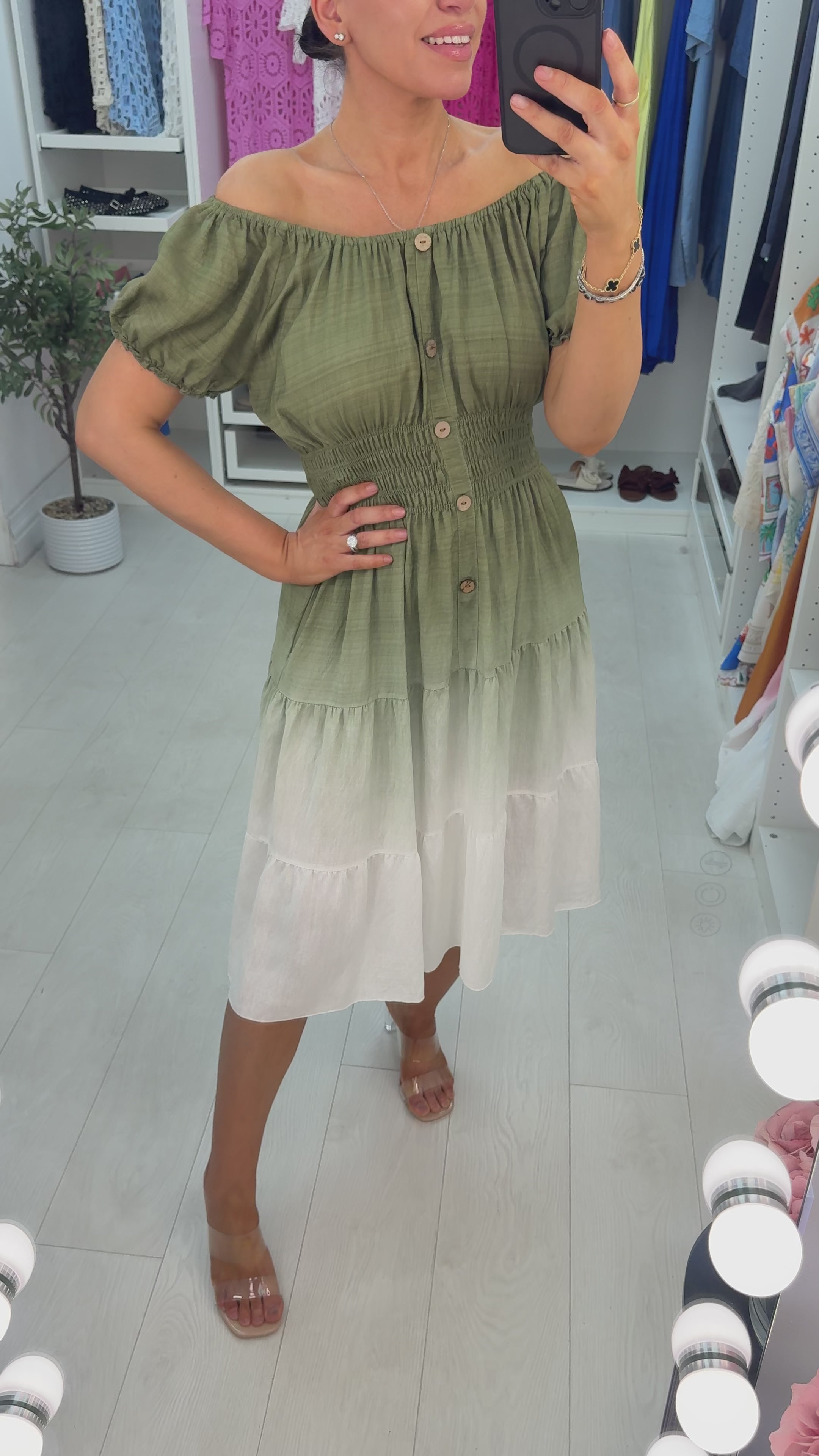 Load video: Lorna Button Detailed Shirred Waist Ombre Midi Dres