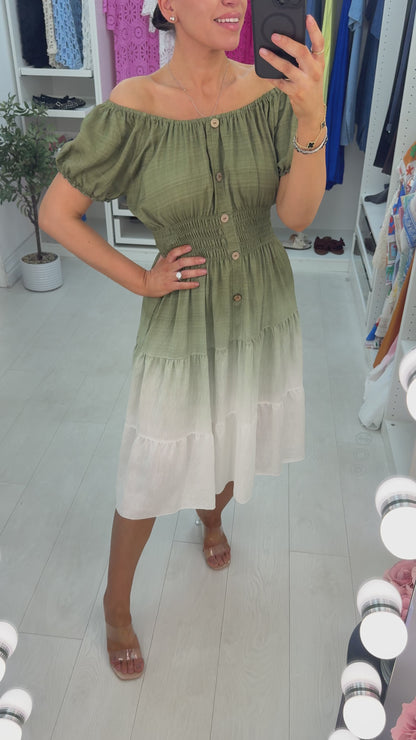 Lorna Button Detailed Shirred Waist Ombre Midi Dres