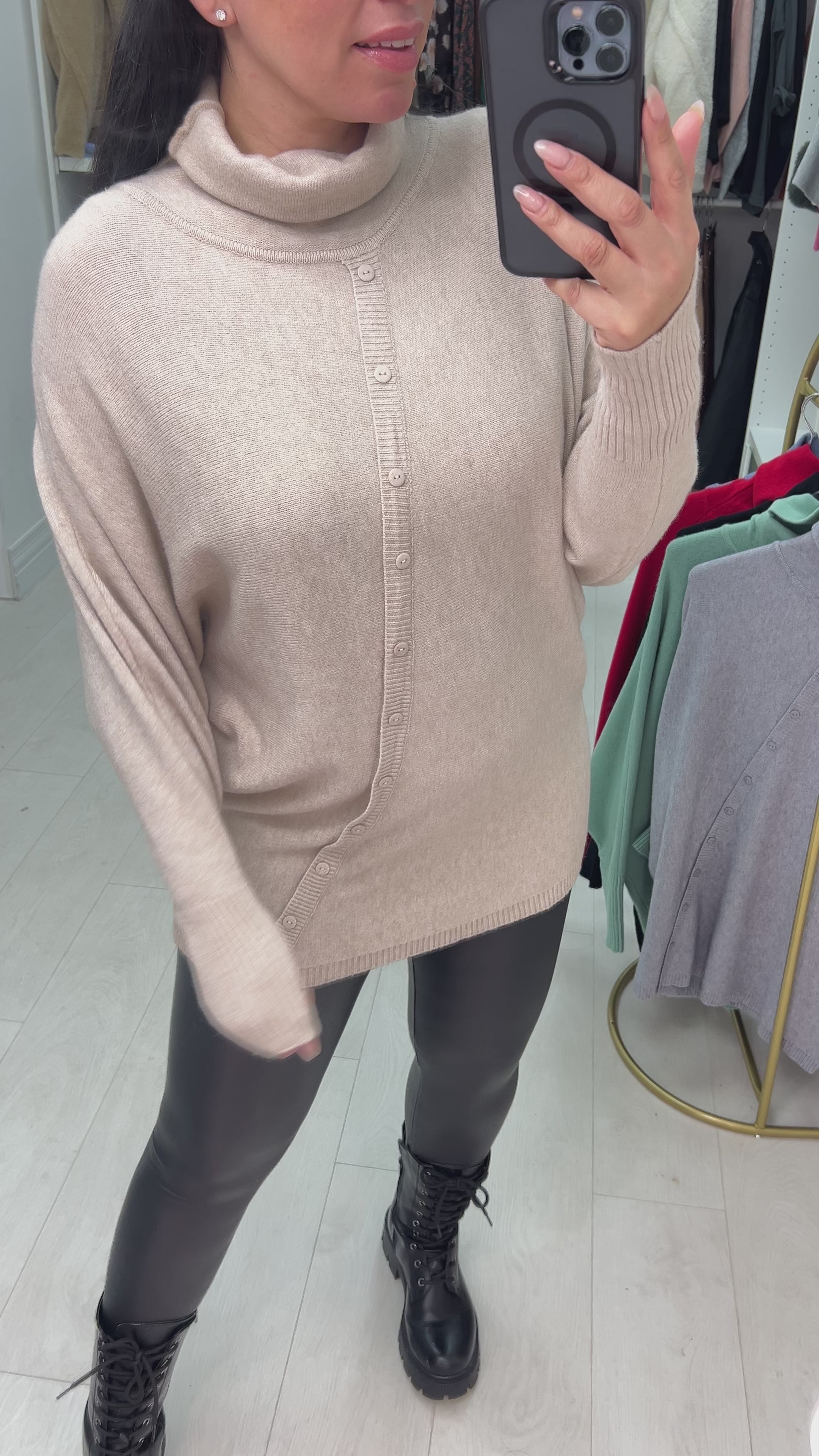 Selda Asymmetric Button Detailed Roll Neck Knit Jumper