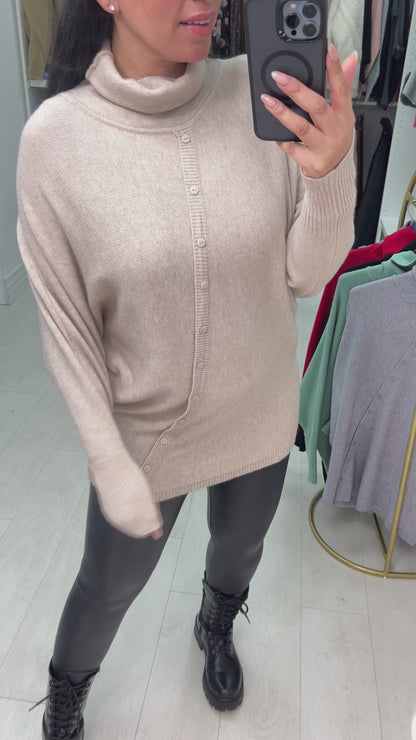 Selda Asymmetric Button Detailed Roll Neck Knit Jumper