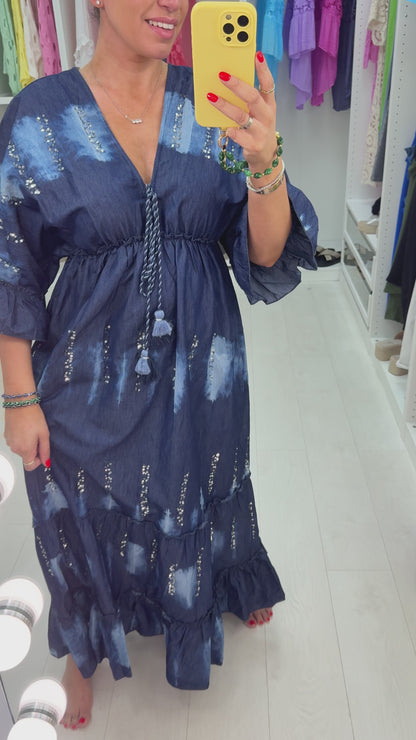 Suki Denim Tie Dye Embellished Maxi Dress