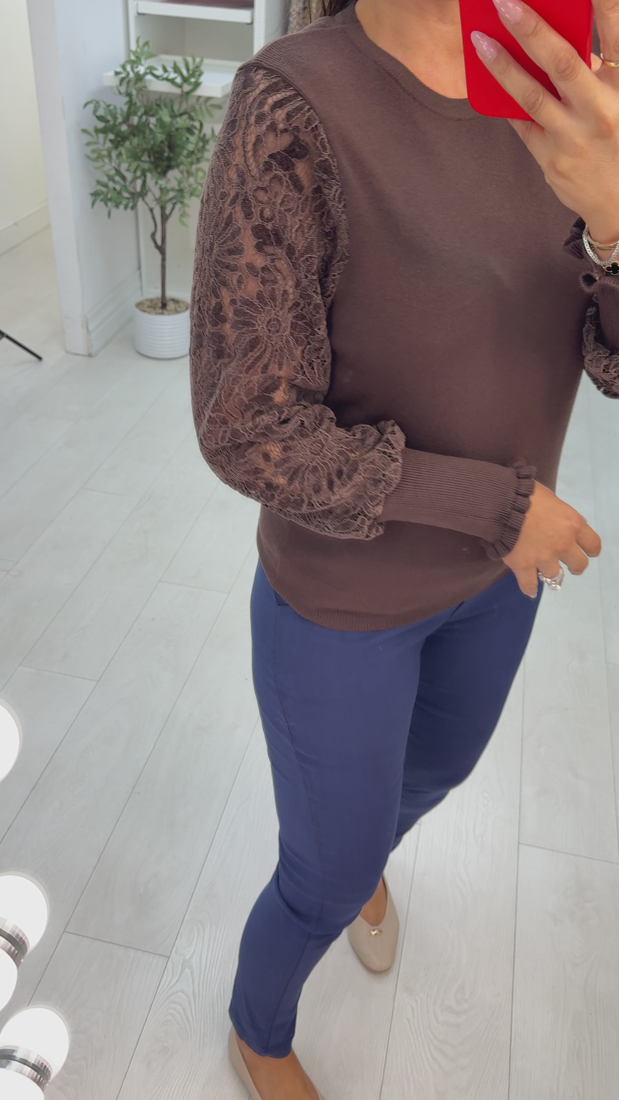 Zelinda Plain Floral Mesh Sleeve Jumper