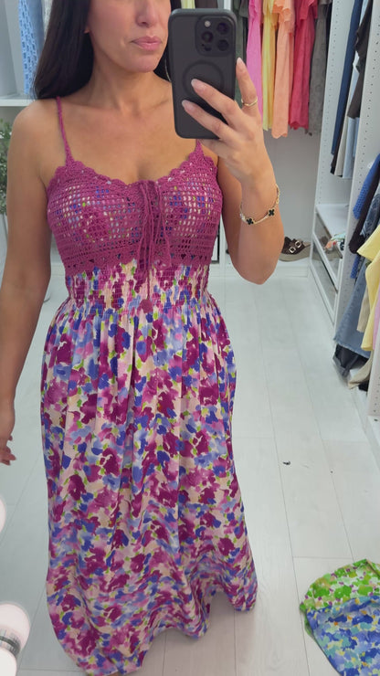 Falisha Watercolour Print Crochet Bust Maxi Dress