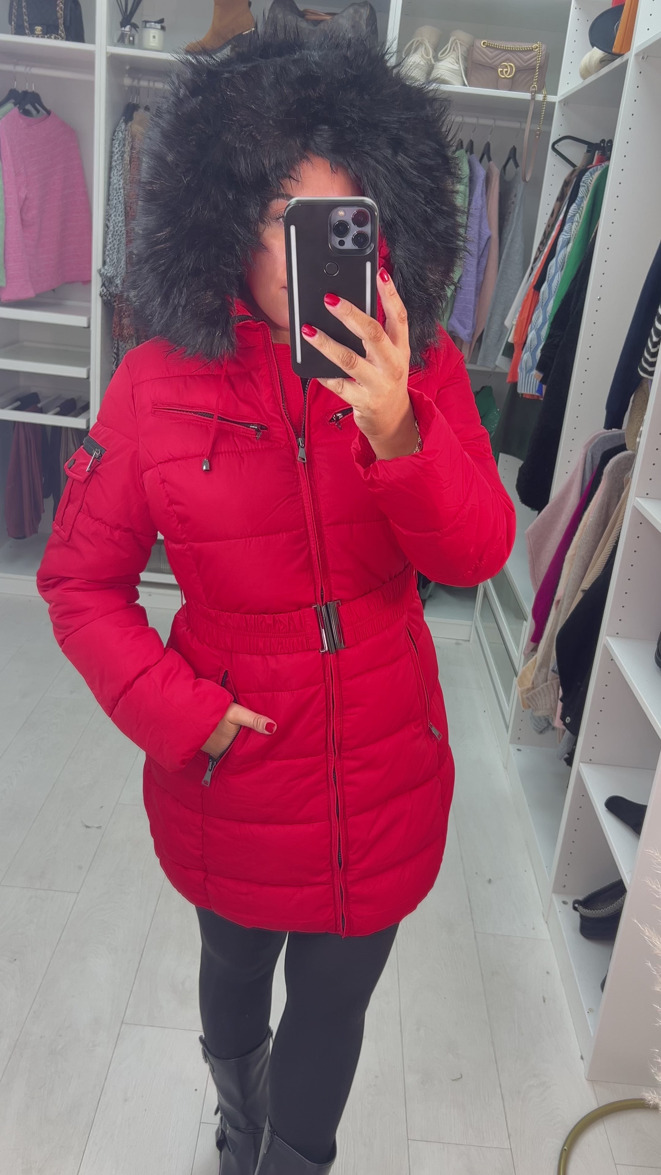 Load video: Trixie Red Faux Fur Hooded Coat
