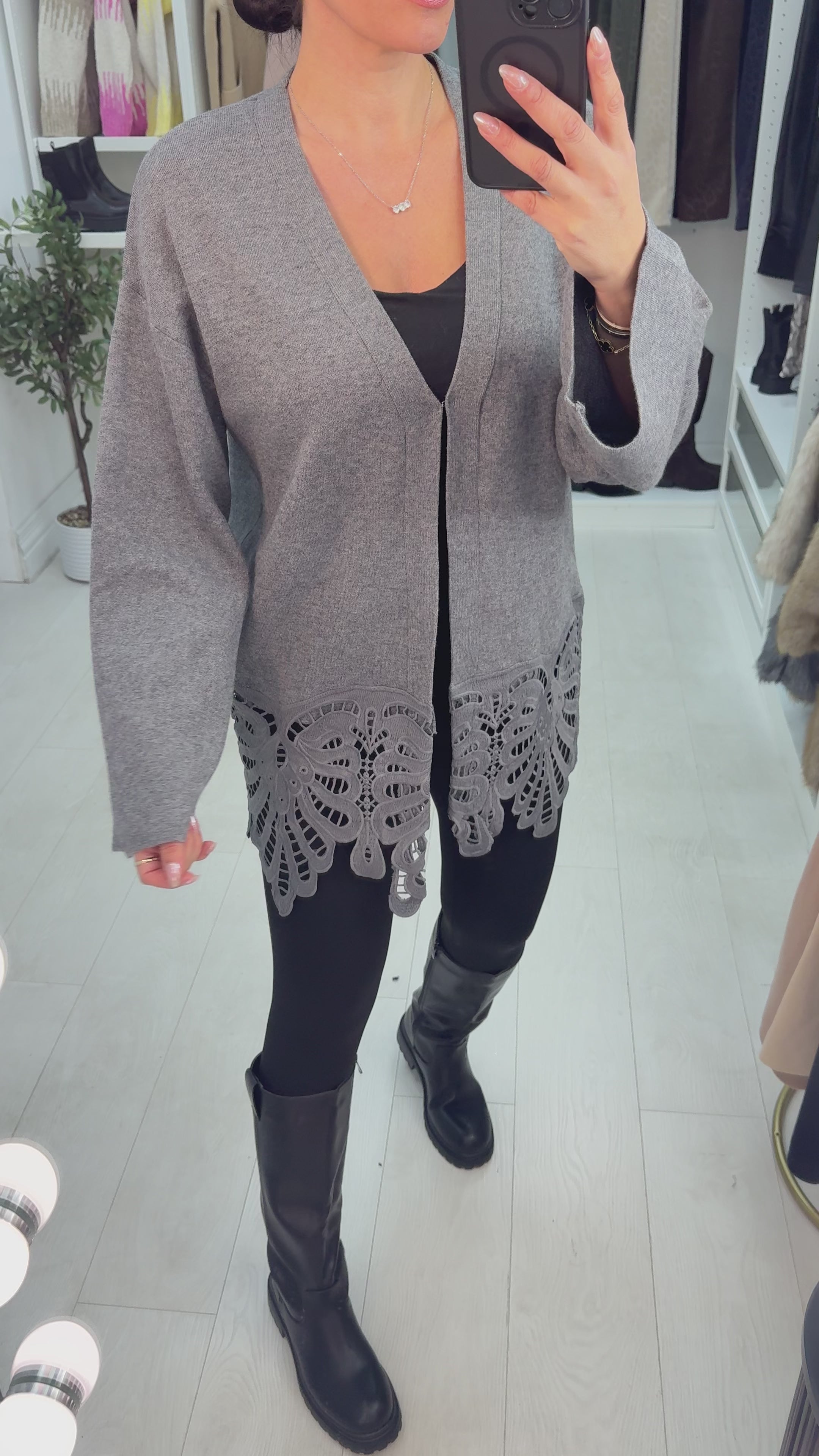 Load video: Baylie Plain Crochet Detail Cardigan